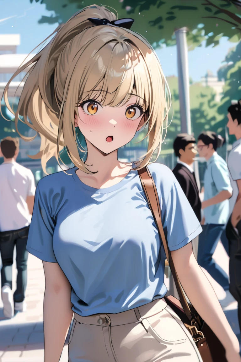 Irohaisshiki, isshiki iroha, Long Hair, Brown Hair, (Brown eyes:1.5), blush,Shoulder length and short braids,ponytail,
happy smile, smile, Open your mouth,Blue Tank Top,Heart Necklace,Skinny jeans,Stiletto heels,Daytime,Clear skies,Walking,So that the whole body goes into the illustration,
break outdoors, Building district,
break looking at viewer,
break (masterpiece:1.2), Highest quality, High resolution, unity 8k wallpaper, (figure:0.8), (Beautiful attention to detail:1.6), Highly detailed face, Perfect lighting, Highly detailed CG, (Perfect hands, Perfect Anatomy),