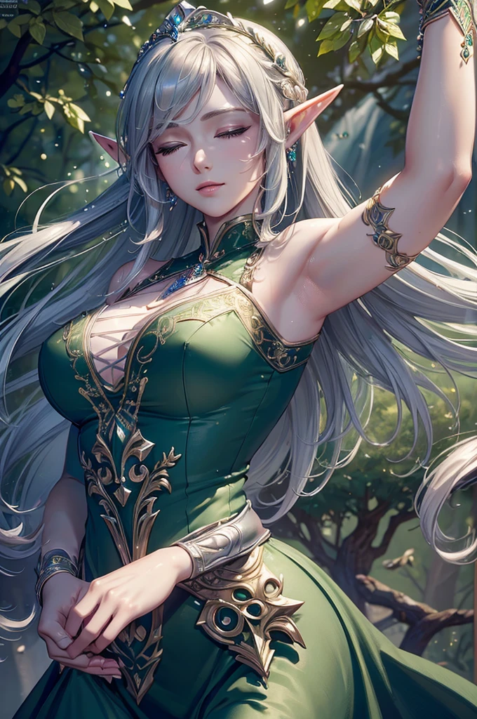 Grown-up girl, Long silver hair, elf ears, Green eyes, large breasts, Green lipstick, green dress, open dress, open breasts, Sleeveless, Sexy, ?????? dress, transparent dress, Princess, Gold Elements, Hands up, Masterpiece, hiquality, 4k, HD, Good detail