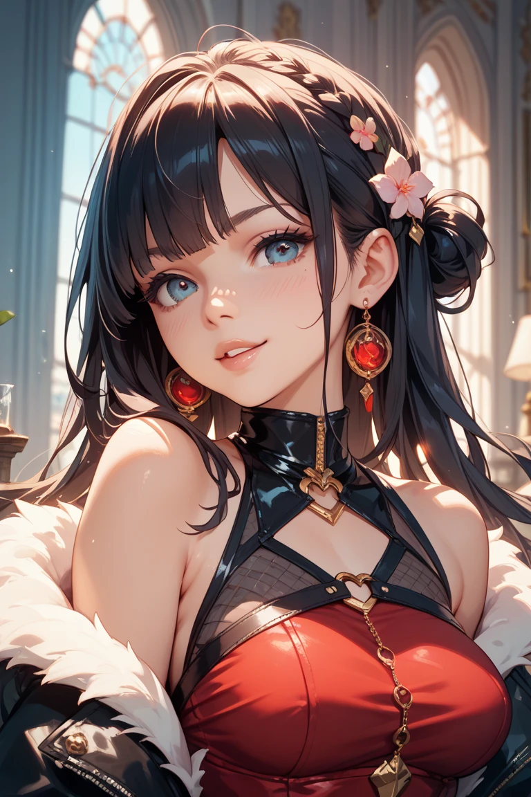 (High quality, High resolution, Fine details), Realistic, (vivid red jewel dress), intricate embroidery, exquisite lace details, regal appearance, sparkling gemstones, solo, curvy women, Black hair, glamorous hairstyle, sparkling eyes, (Detailed eyes:1.2), smile, blush, Sweat, Oily skin, shallow depth of field, soft lighting, rich color palette, luxurious setting