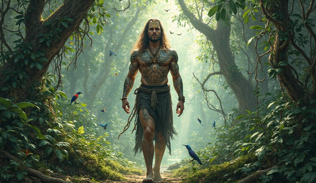 There is a wild man in the forest,The whole body is covered with long mane(best quality,4K,8K,High level,masterpiece:1.2),Ultra Detailed,(lifelike,Photo real,Photo real:1.37),Highly detailed animals,Complex patterns,Realistic lighting,Fantasy Creatures