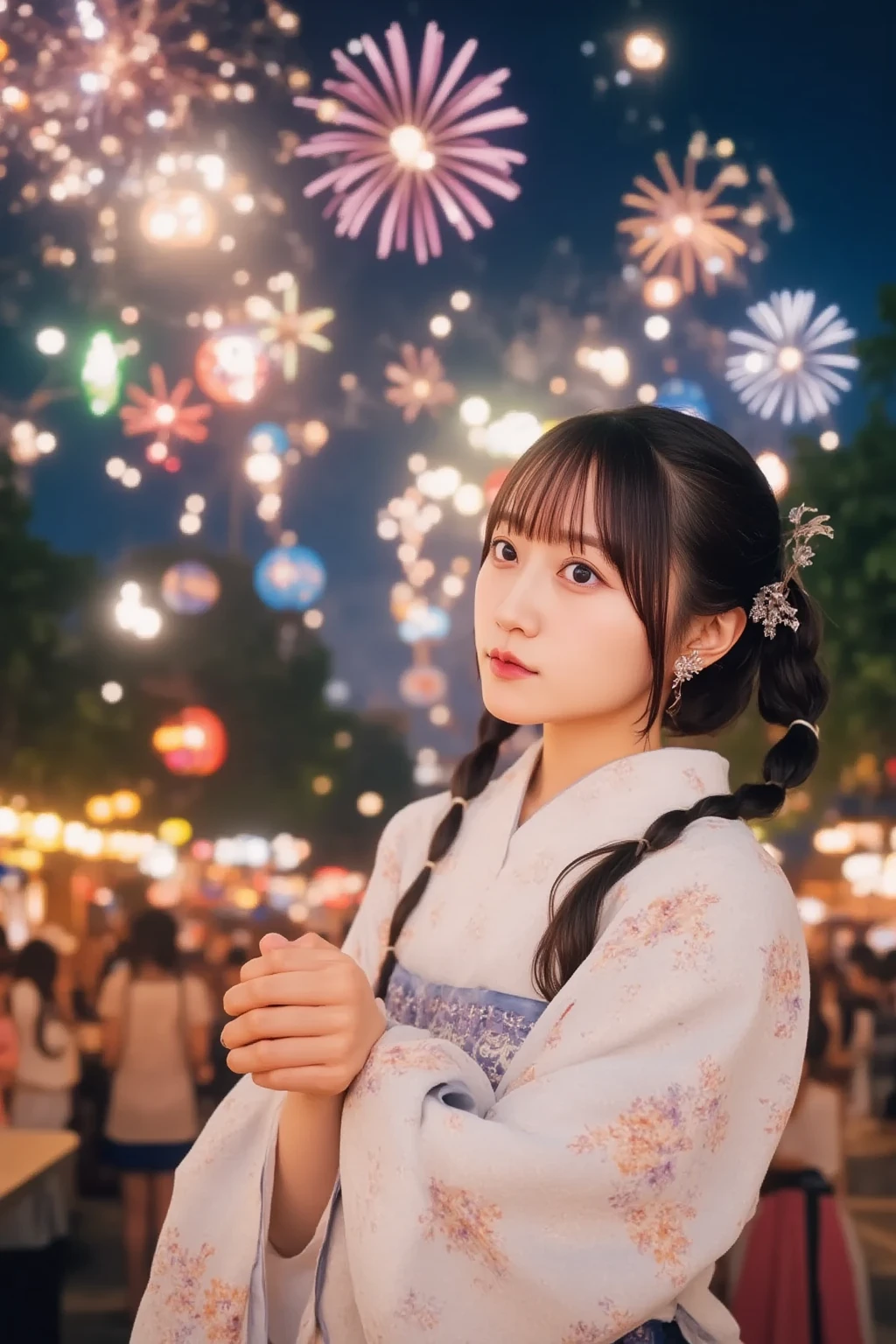 Perfectly Anatomically Correct:1.2, 5 Beautiful finger:1.6,
1 Japanese Girl, Very Short Hair Bun:1.2, Wide-Set Eyes, Very White Skinned, Blush, Bashfully, 18-Year-Old, Open Mouse Slightly,
Cute Eyes, Brown Hair, Light Smiling, Cheerful,
(Turning Japanese Sparklers Below Within Reached Arm:1.6),
Squatting, ((Japanese Clothes, Yukata, Kimono)),
Non-Nipple:1.2,
Looking Up Viewer:1.2,
Riverside Park, Water Reflection,
BREAK
8K, RAW Photo, Best Quality, Masterpiece, Realistic, PhotoRealistic, Extremely Detailed 8K Wallpaper, Beautifully Detailed Eyes, Finely Detailed Face, POV Shot,
BREAK
High-Key Lighting, Professional Lighting, Bokeh:1.4
