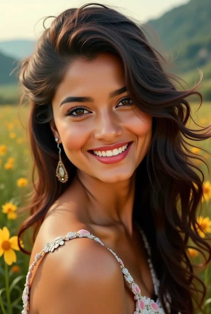 photo of a Indian young girl smiling with age 20 years in the beach, , full body, sky full of clouds, lightning in the clouds of the explosion, sadness, petite, Russian face, perfect body, small boobs, 20 years old, beautiful face, majestic, beautiful, goddess, incredible, fear expression on her face, long hair, storm, Complex position, big sky, realistic, detailed, masterpiece, extra film grain, professional lighting, professional photography, neutral colors, muted colors, natural lights, photo realistic, good composition, 4k, high definition, art by stanley kubrick