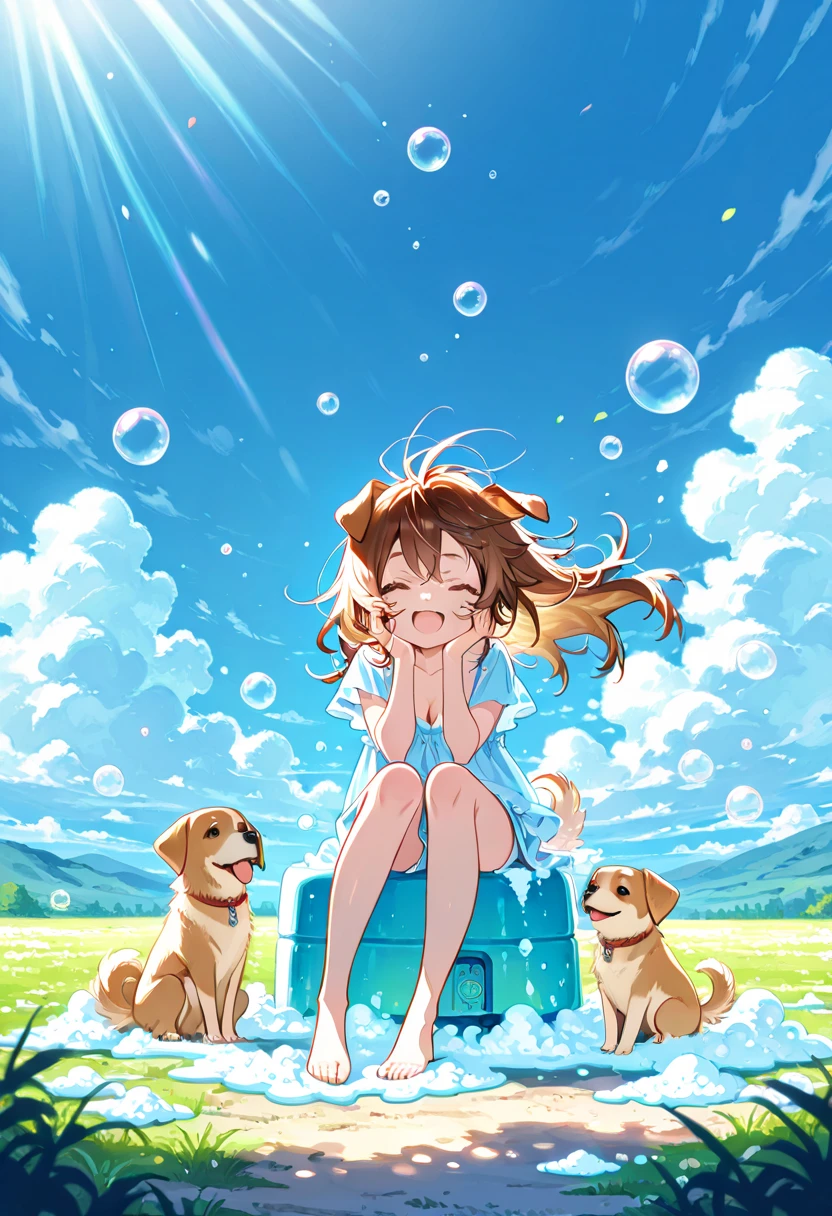 1girl, solo, loli, dog girl,
, long hair, messy hair , cleavage, floating hair, hands on own cheeks, 
sitting with Puppy, 
happy, 

spring, day, blue sky, sunlight, 
floating Soap bubbles, sitting Soap bubbles, 
, 
full body, wide shot, 
best quality, highres icon,highly detailed,