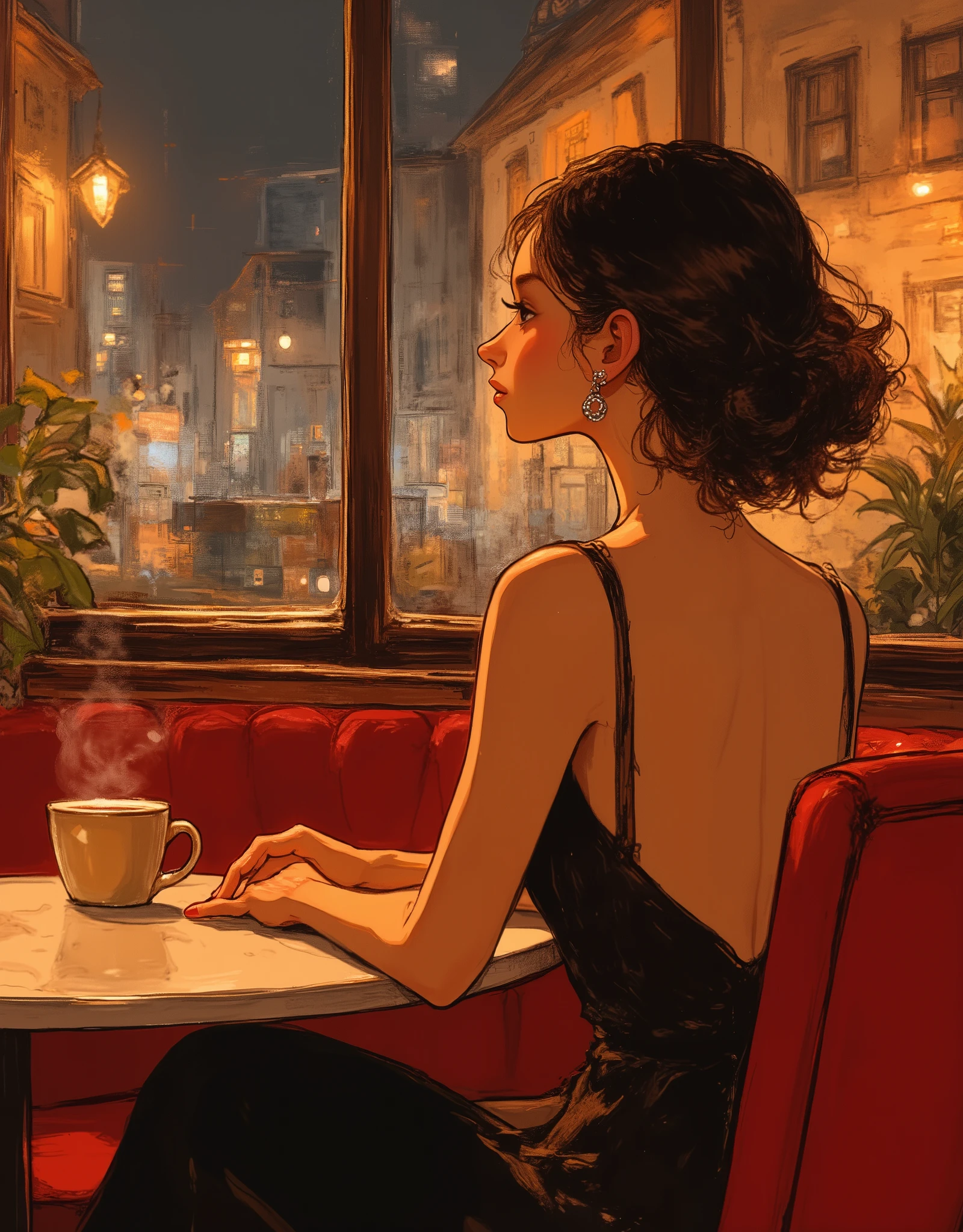 masterpiece, illustration,  vector art,Waiting for someone, 1 female,Back view of a woman meeting at a cafe, fancy cafe, coffee,urban music, Record Jacket ,Sounds boring,(detailed hands),( beautiful hands )
