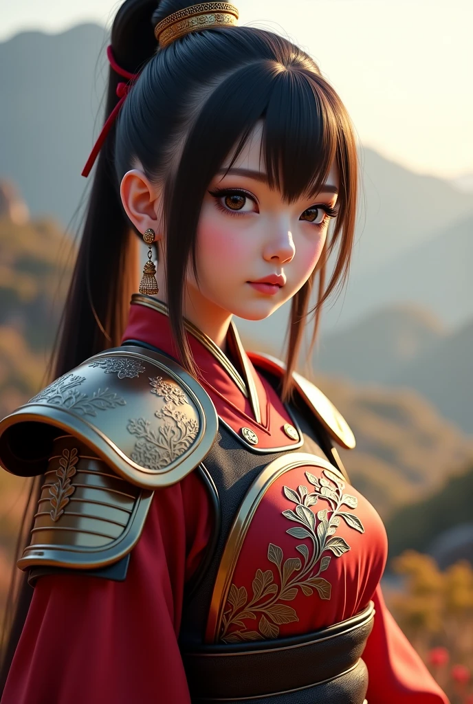 masuter piece, best qualtiy, (((realisitic, Photorealsitic:1.37))), ((独奏)), 8K image quality , extremely delicate and beautiful, splendid, Official art with attention to detail, Unbelievably ridiculous, huge filesize, ultra-detailliert, ighly detailed, (Pretty girl), (detailed girl), Eyes and faces with detailed, Beautiful detailed eyes, Light makeup, (1 girl), (Perfect female figure), slender, (The beauty of the Japan), ((fullllbody)), ((poneyTail)), With bangs, ((Samurai Japan Woman)), ((Japan purple and red armor), (Detailed Japan armor), (20yr old), ((Samurai Japan Woman)), Wakizashi, (Detailed Japan armor), Shrines and Buddhas
