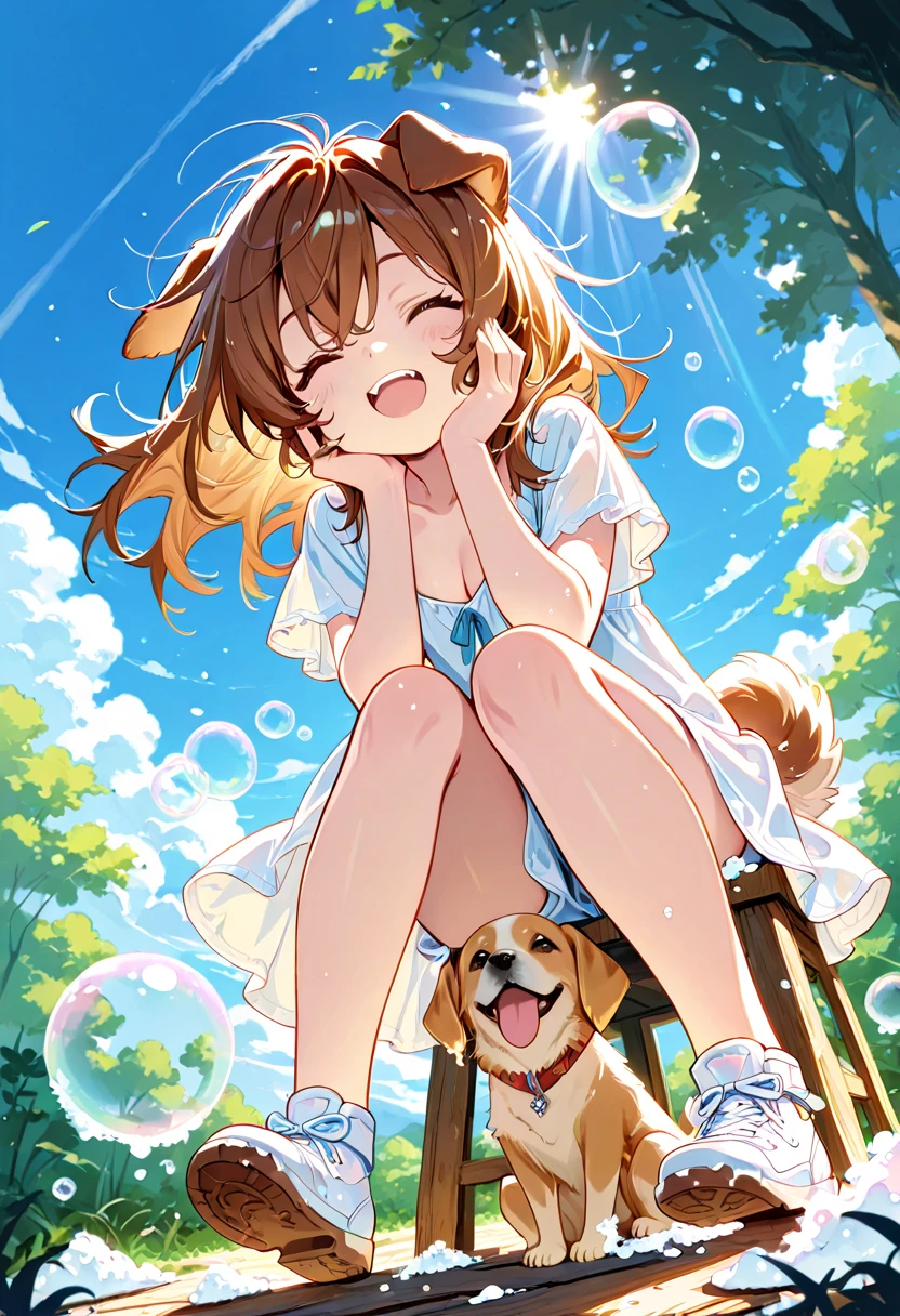 1girl, solo, loli, dog girl,
, long hair, messy hair , cleavage, floating hair, hands on own cheeks, 
sitting with Puppy, 
happy, 

spring, day, blue sky, sunlight, 
floating Soap bubbles, sitting Soap bubbles, 
, 
full body, from below, 
best quality, highres icon,highly detailed,