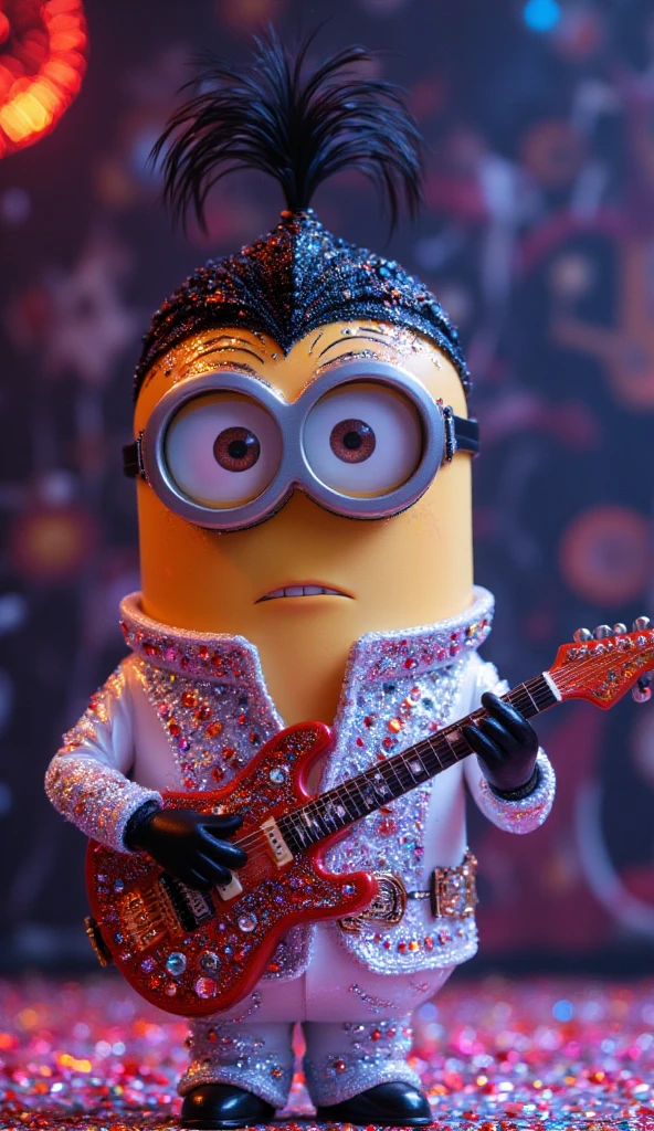 (knitted toy voodoo doll:1.9), (Voodoo Elvis Presley:1.3), (Clothing: iconic white jumpsuit with rhinestones and cape:1.0), (Accessories: enchanted microphone emitting a golden glow, floating musical notes:1.1), (background: vintage concert stage with spotlights, cheering crowd, and a nostalgic atmosphere:1.2), best quality, masterpiece, detailed soft oil painting, detailed background, dramatic cinematic lighting, soft edge lighting, professional, dramatic lighting, hard edge lighting, ultra quality, 4k,masterpiece, best quality, 8k, ultra highres, highres, extremely detailed