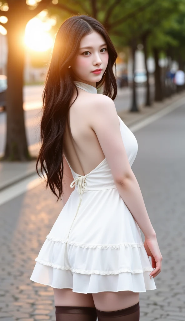 (surrealistic), (illustratio), (hight resolution), (8k picture), (ighly detailed), (The best illustrations), (beatiful detailed eyes), (top-quality), (ultra-detailliert), (masterpiece), (wall-paper), (Detailed face), solo, 1girl in, Gray wavy hair、Off-the-shoulder clothing、huge smile、Blushing cheeks、bangss、Colossal tits、Constriction of the lower back、skinny thigh、small buttocks sticking out、Beautiful bangs、Look at your audience、a necklace、耳Nipple Ring、Watching from above、main street、Backshots、