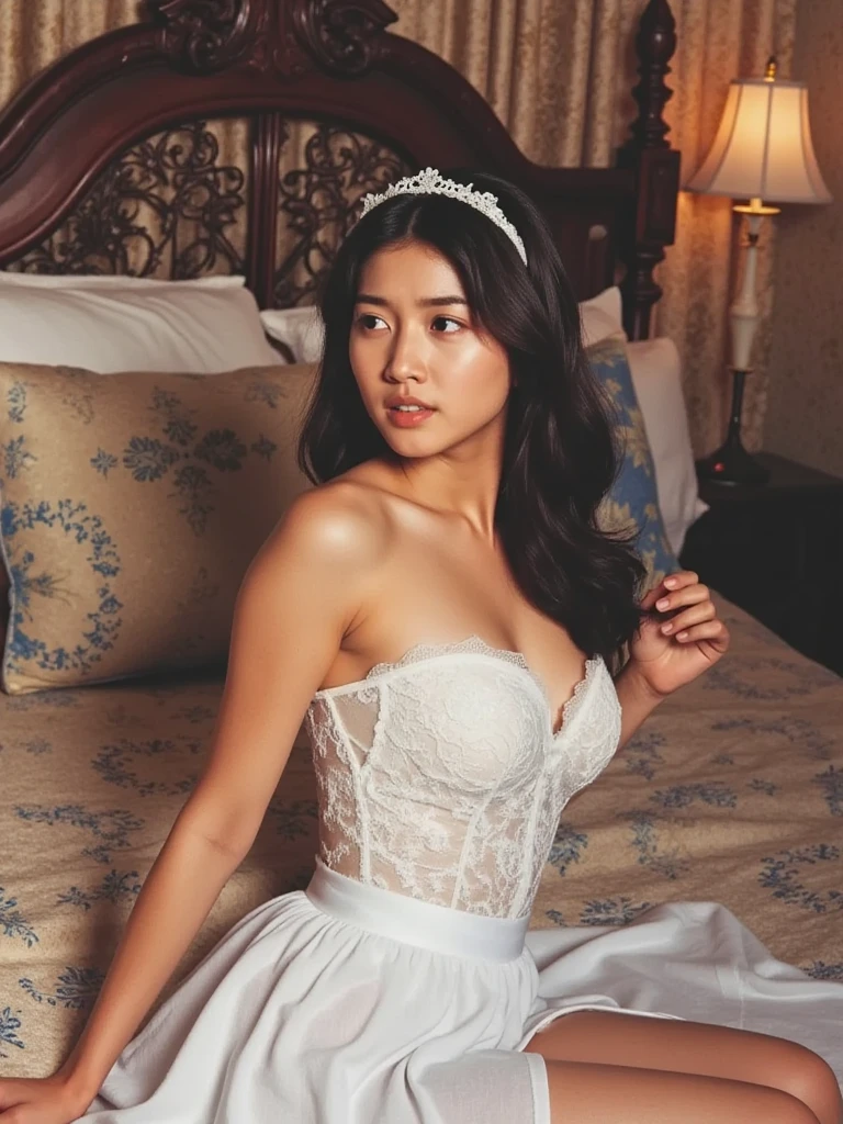 (a beautiful Asian woman,sexy,curvy body),wedding dress,floral crown,sheer veil,soft lighting,vibrant colors,heightened contrast,stunning portrait,ethereal atmosphere,romantic ambiance,delicate lace details,flowing fabric,breathtaking beauty,graceful pose,mesmerizing eyes,subtle makeup,long flowing hair,dramatic backlit,serene expression,sublime composition,luxurious setting,majestic decor,exquisite craftsmanship,meticulous attention to detail,emotional depth,powerful presence,fascinating allure,striking visual impact,impeccable style,mesmerizing charm,sensual elegance,confident aura,alluring femininity,sublime essence,hauntingly beautiful,divine radiance,captivating aura,enchanted atmosphere,serene serenity,unforgettable impression,artistic masterpiece