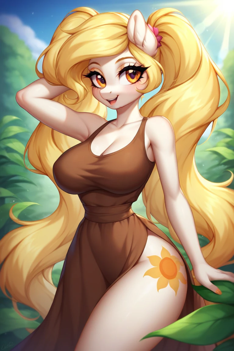 Antrho, fox, female, solo, pelo laranja, cabelo loiro longo, peitos medios, bunda media, coxas curvadas, usando roupa de noiva transparente, calcinha e sutia branca rendada, meias altas, segurando buque de flores, olhando sobre o ombro, sorriso envergonhado, fundo jardim florido, cauda deve ser mostrada