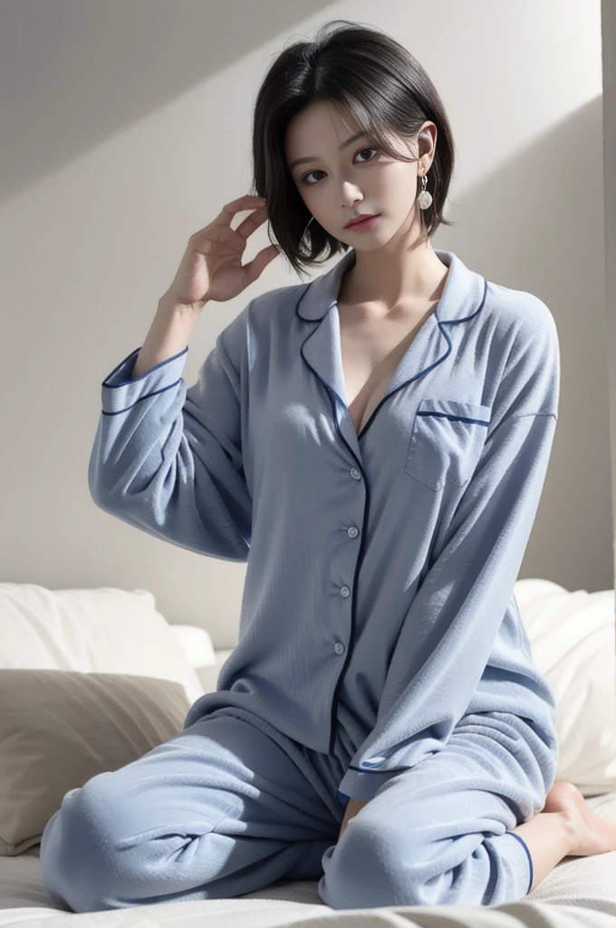 a gorgeous, (Medium Hair), (8K, Raw photo, Best Quality, masutepiece:1.2), (Realistic, Photorealsitic:1.37),1girl in, Professional Lighting, Photon mapping, Radio City, Raw photo、(Photorealsitic:1.4)、Octane number renderin、Complex 3D rendering ultra detail, Studio Soft Light, vibrant detail, super detailing, realistic skin textures, Detail Face, Beautiful detail eyes, Very detailed CG Unity 16k wallpaper, make - up, (detailedbackground:1.2),Colossal tits、Best Quality, 超A high resolution, masutepiece, 1girl in, 20yr old,((naked pajama:1.2、Light blue pajamas))、(Open your clothes:1.2)、(sofas)、乃木坂アイドル、韓国アイドル、Japan idle、((M Spread Leg))、(spread legswide)