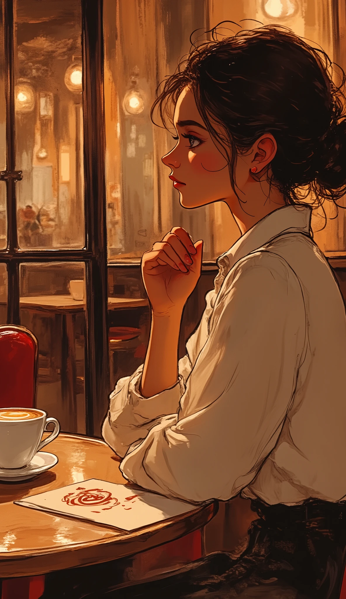 masterpiece, illustration,  vector art,Waiting for someone, 1 female,Back view of a woman meeting at a cafe, fancy cafe, coffee,urban music, Record Jacket ,pensive,(detailed hands),( beautiful hands )
