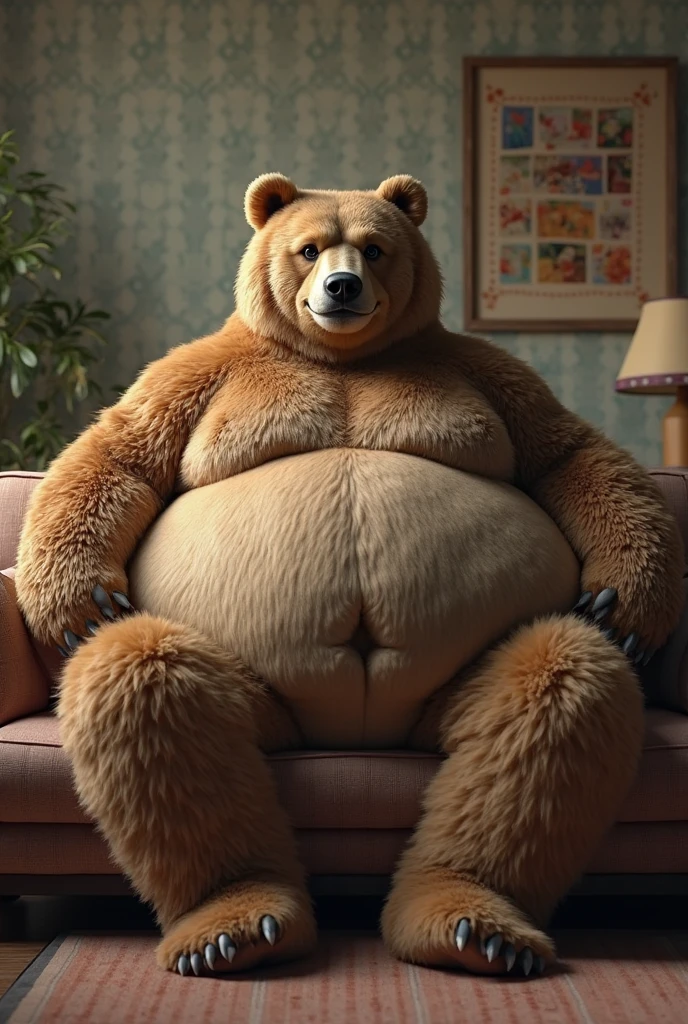 oso,sexy,barriga enorme,enorme bulto,pantalones,Sin camisa,sala de estar,sentarse,barriga tan grande