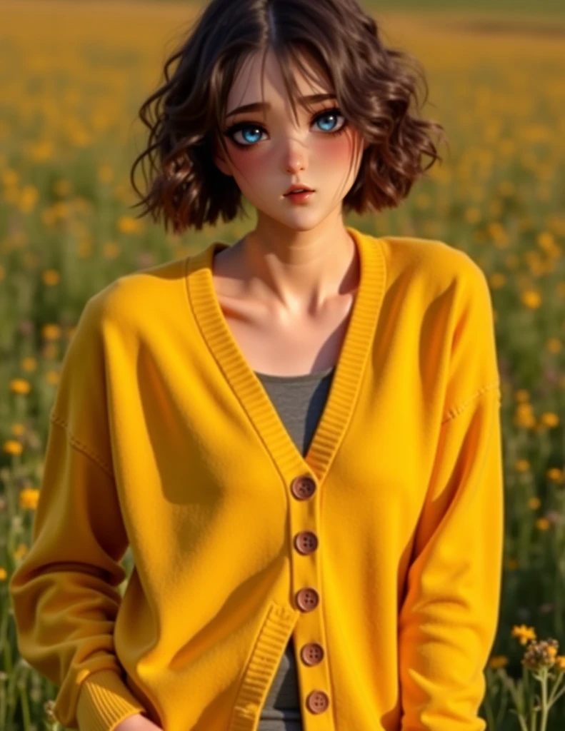 "(Hyper-realistic), (illustratio), (A high resolution), (8K), (extremely higly detailed), (Most Best Illustration), (美丽细致的眼睛), (best qualtiy), (ultra - detailed), (tmasterpiece), (Wallpapers), (详细的脸), blue  hair,Japanese curly hair,Yellow-blue heterochromic pupils,Issuing, Yellow clothes with sunflowers,blue short pants."