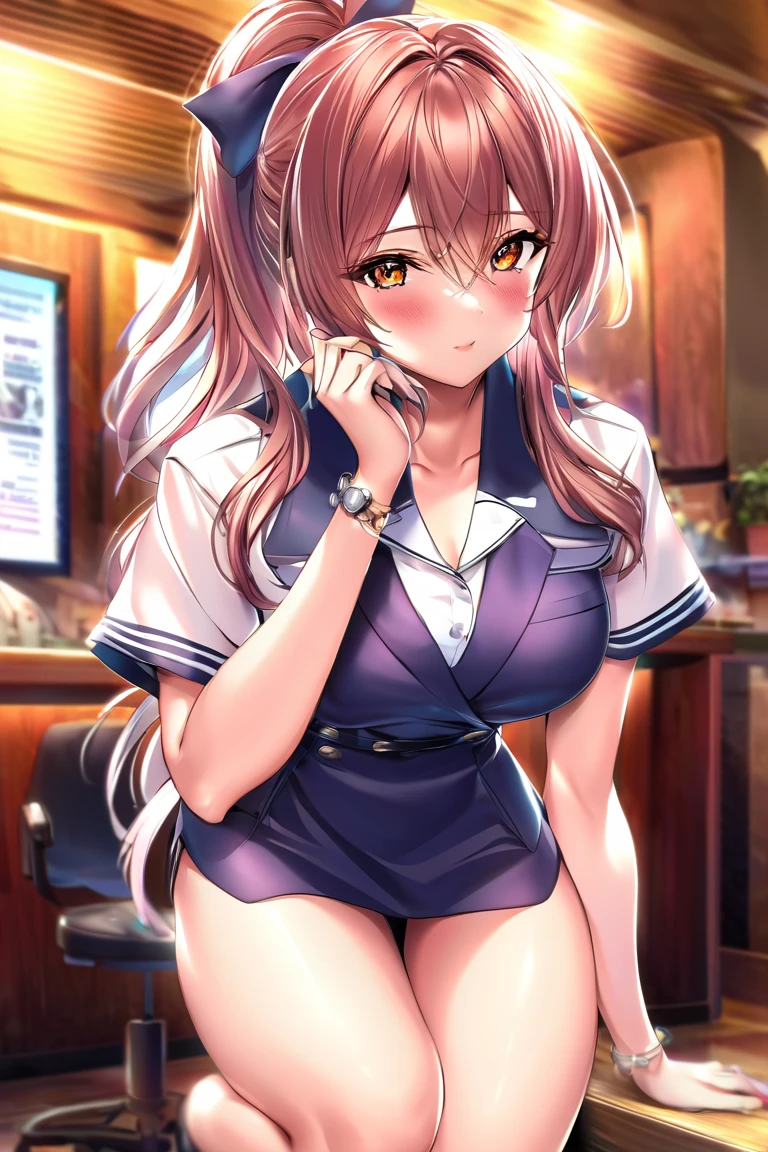 Highest quality,masterpiece, best resolution, nsfw, 1 girl, reverse bunny, huge breasts,pink nipple, belly button, shaved pussy,indoor, cafe, blush, standing, looking at viewer, horse ears, horse tail, Copano Rickey