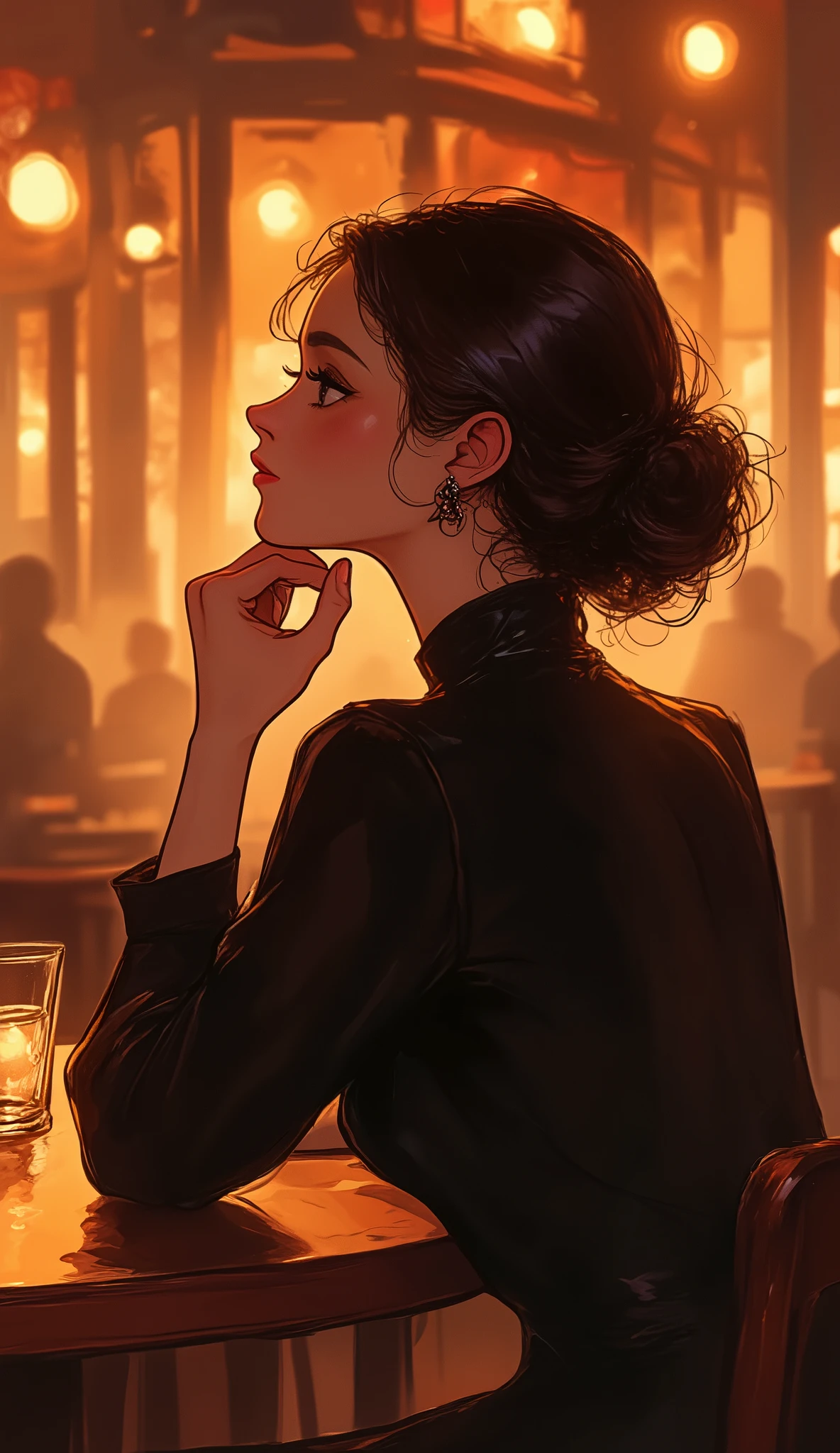 masterpiece, illustration, vector art,Waiting for someone, 1 female,Back view of a woman meeting at a cafe, fancy cafe, coffee,urban music, Record Jacket ,pensive,(detailed hands),( beautiful hands ),(depth of field)