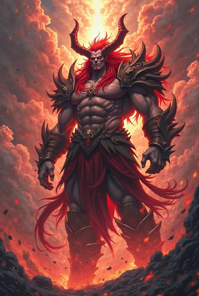 Male character, handsome, red skin, black wings, wearing a red suit, long white hair, emerald green eyes, his appearance is that of a fire demon, his body is that of a fire demon with giant horns, a bestial body, an intimidating appearance, its appearance is identical to that of the fire demon Ifrit