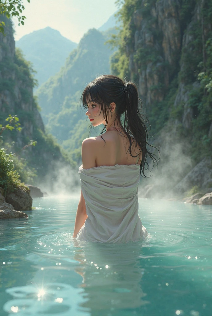 1girl, holding towel, from behind, towel on legs, (steam:1.3), public, (People, crowd:1.2), depth, nature, hot spring, outdoor, masterpiece, best quality, highly detailed