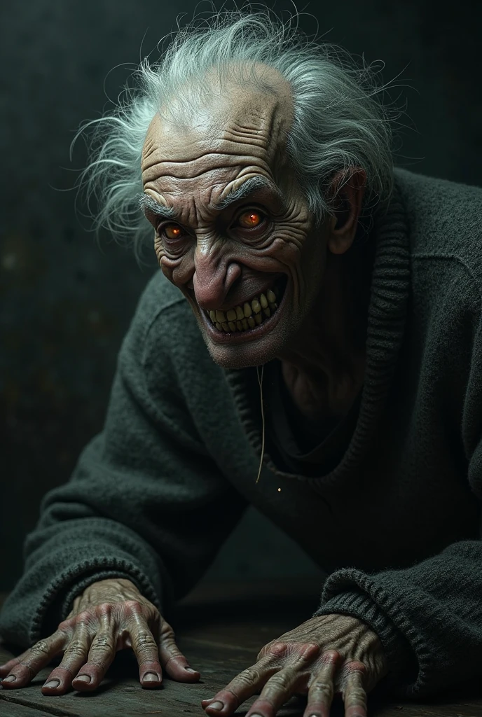 Old man laughing scary face night in house gate