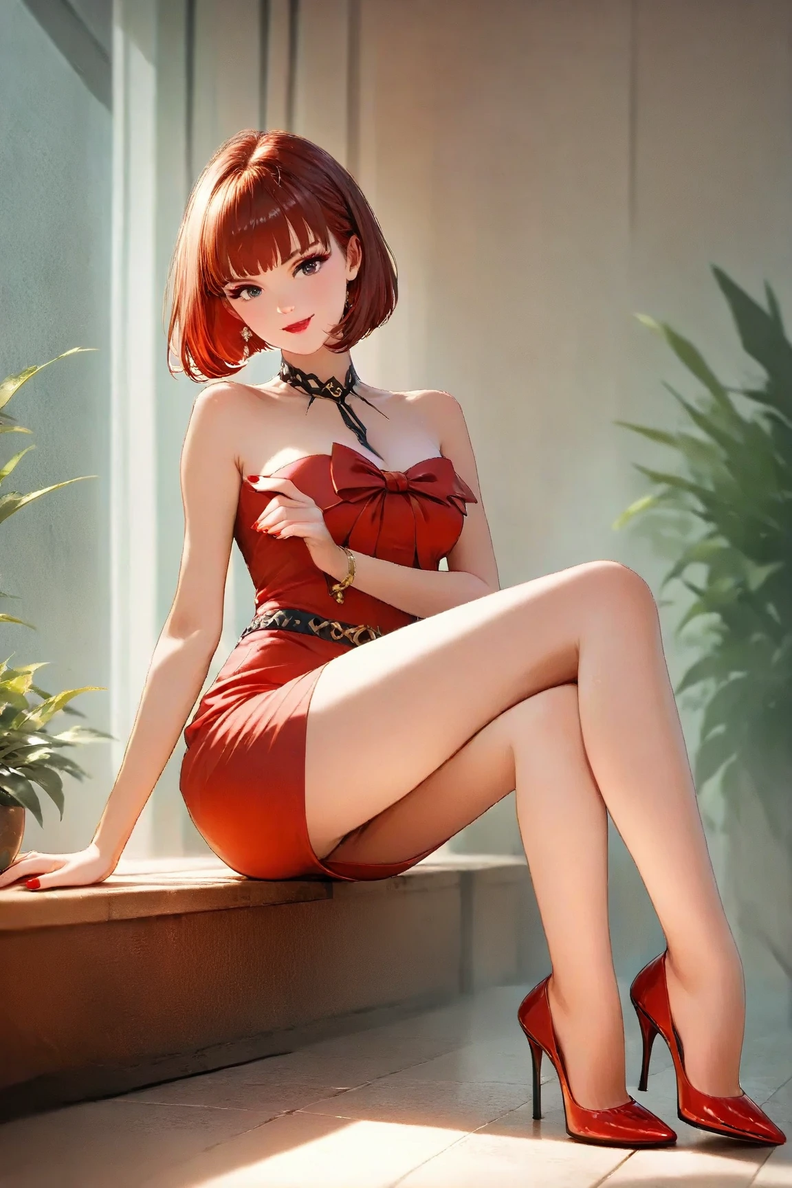 gorgeous woman, red hair, pixie cut, asymmetric dress