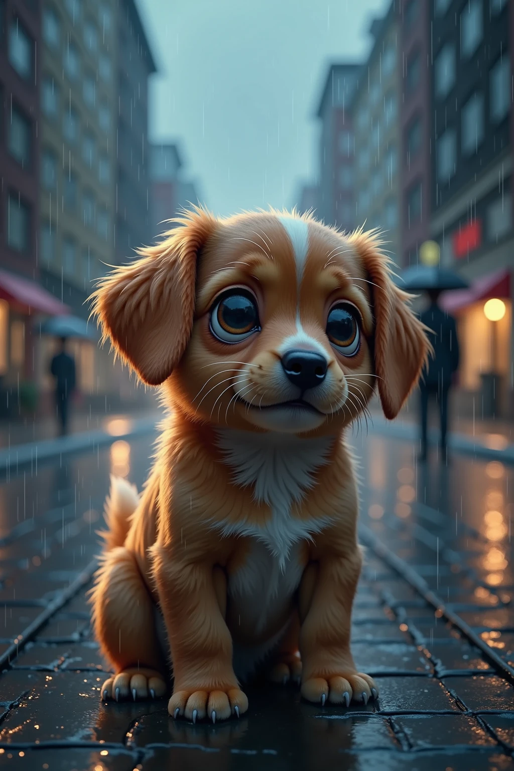 photorealistic photo of baby dog waiting for someone, sad look,rainy day , heavy rain makes the dog soaked, water drop on the dog,rain scene,, ,(art by Carne Griffiths), (sad atmosphere),(rainy city background), high quality,(sad),, cinematic lighting,(),,(),For best quality, images should be UHD and in sharp focus,,score_9, score_8_up, score_7_up, score_6_up, score_5_up, score_4_up,