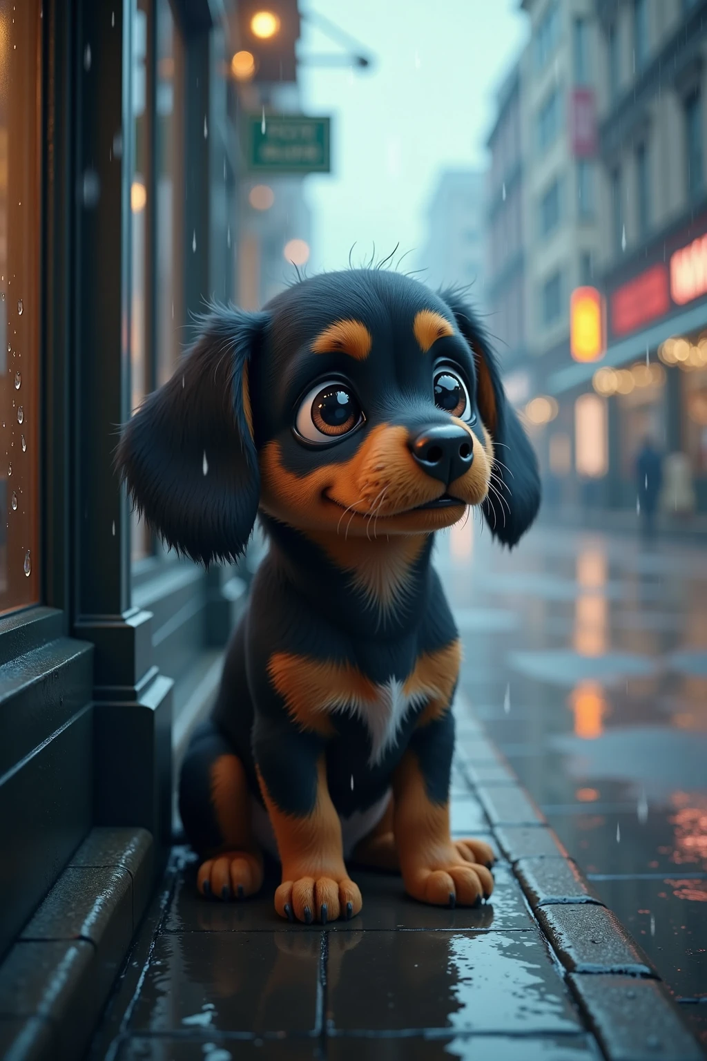 photorealistic photo of baby dog waiting for someone, sad look,rainy day , heavy rain makes the dog soaked, water drop on the dog,rain scene,, ,(art by Carne Griffiths), (sad atmosphere),(rainy city background), high quality,(sad),, cinematic lighting,(),,(),For best quality, images should be UHD and in sharp focus,,score_9, score_8_up, score_7_up, score_6_up, score_5_up, score_4_up,