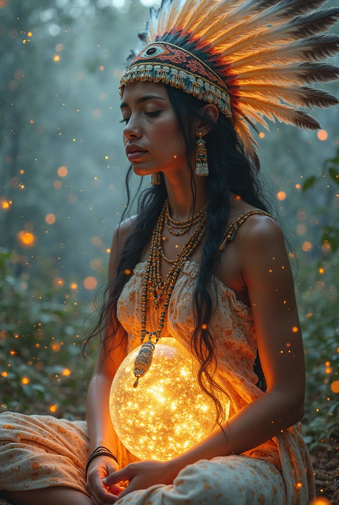 Beautiful Cherokee Indian woman with beautiful terracotta colored headdresses, blackw, doradas, cobre, Pearl, white and beige, feathers made of bright neon of various colors, flares on camera, bokeh, full moon night

