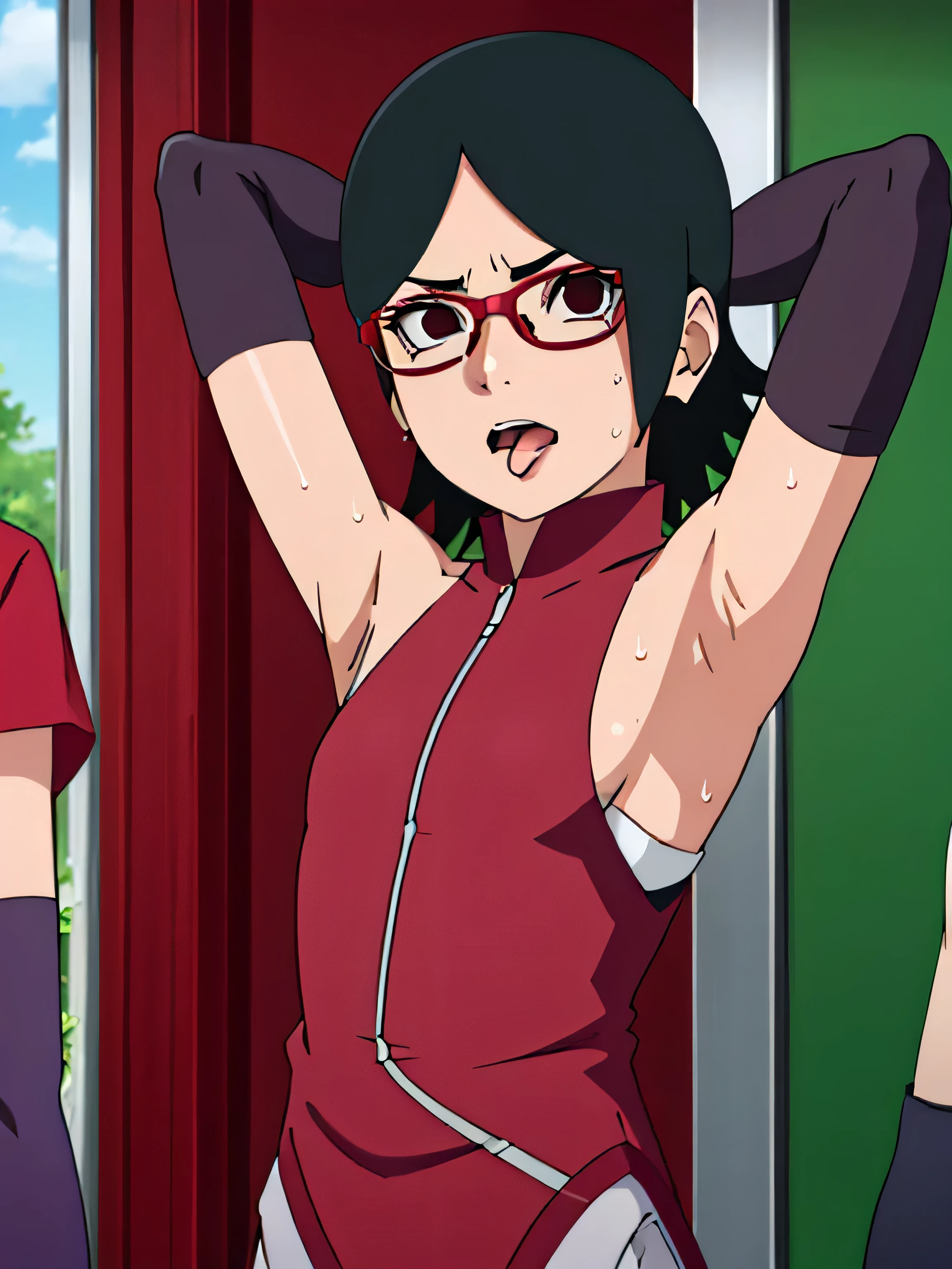 Sarada Uchiha,human woman with fair skin. She is a r with black eyes and red clothing. Her hair is black in color; She is beautiful.Wearing red rimmed glasses.Tsundere face. Pink eye shading,mature appearance,armpits,sweat,sweaty,sweaty armpits,arms up,showing armpits,awesome armpits,outfit,blackish red arm warmers,maroon arm bands,maroon arm warmers,showing tongue,tongue out