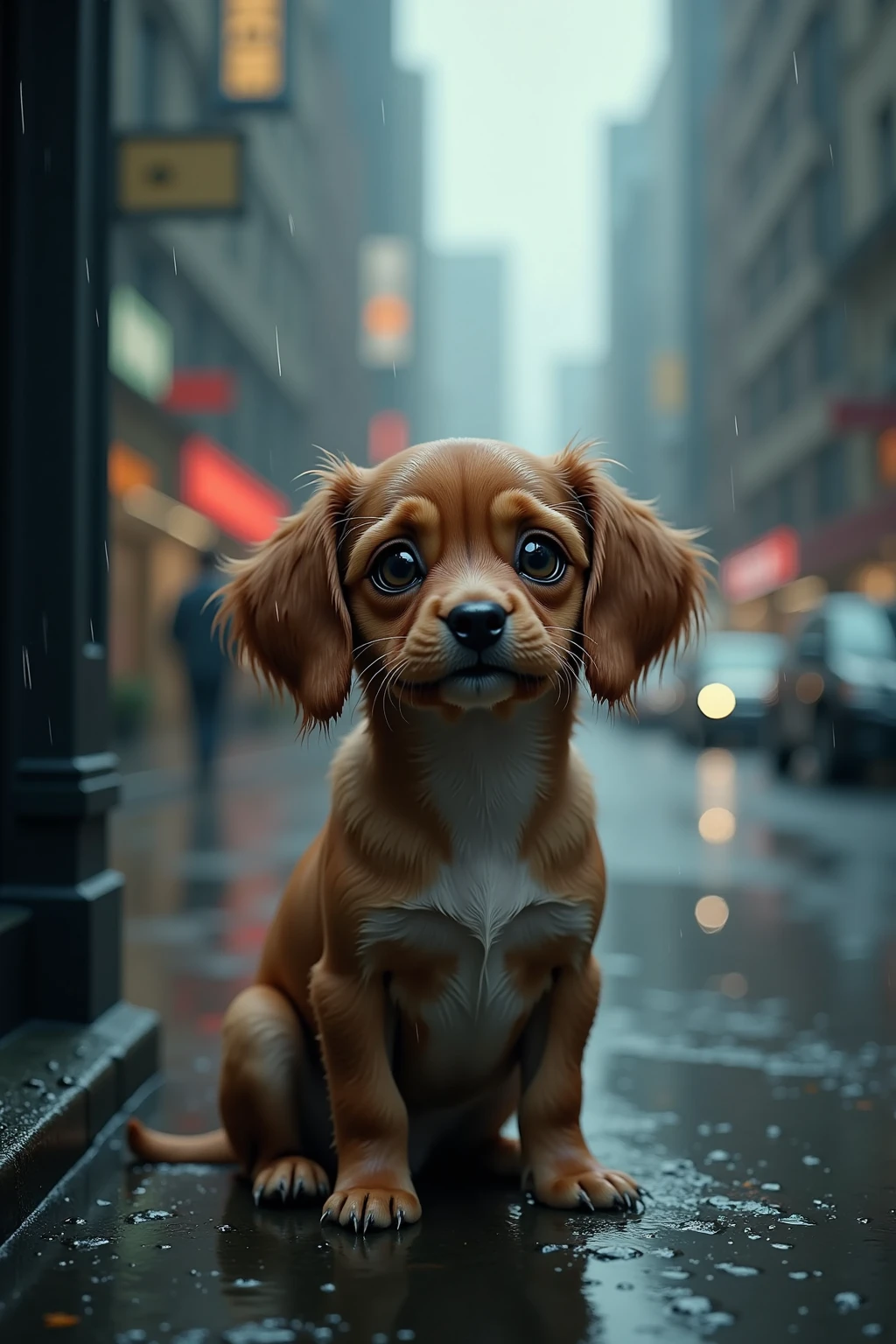 photorealistic photo of baby dog waiting for someone, sad look,rainy day , heavy rain makes the dog soaked, water drop on the dog,rain scene,, ,(art by Carne Griffiths), (sad atmosphere),(rainy city background), high quality,(sad),, cinematic lighting,(),,(),For best quality, images should be UHD and in sharp focus,,score_9, score_8_up, score_7_up, score_6_up, score_5_up, score_4_up,
