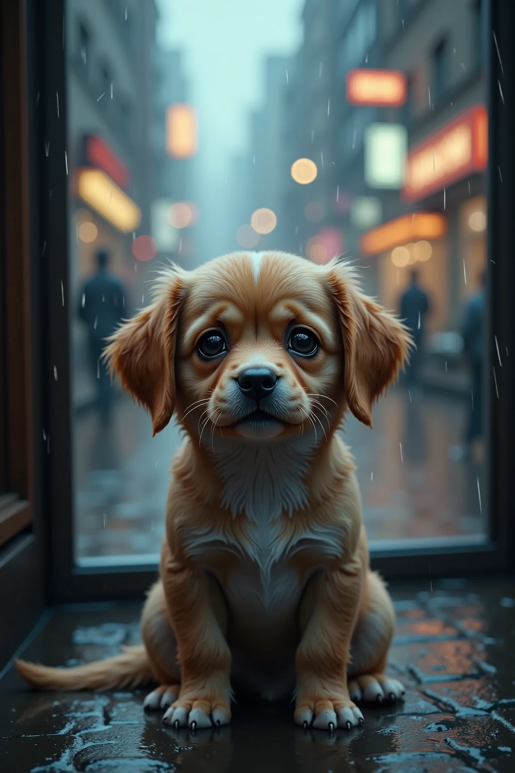 photorealistic photo of baby dog waiting for someone, sad look,rainy day , heavy rain makes the dog soaked, water drop on the dog,rain scene,, ,(art by Carne Griffiths), (sad atmosphere),(rainy city background), high quality,(sad),, cinematic lighting,(),,(),For best quality, images should be UHD and in sharp focus,,score_9, score_8_up, score_7_up, score_6_up, score_5_up, score_4_up,