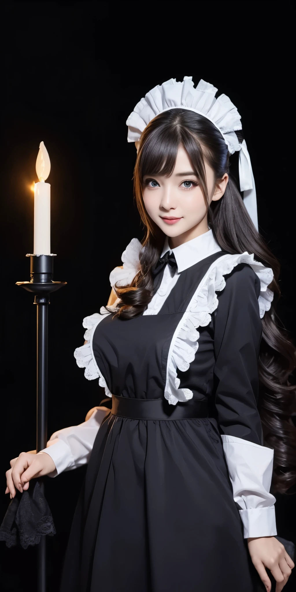 (masterpiece), best quality, night, expressive eyes, perfect face, 1girl, large breasts, semi-long hair, light wavy hair, black hair, thin smile, Looking at viewer, black maid uniform, black background