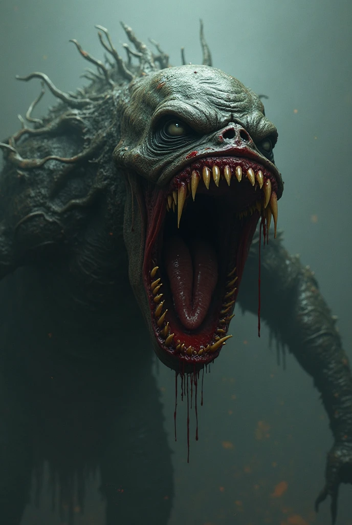 a drawing，It depicts a truly mutilated ocean mutant monster，Blood on his face，bleeding from head, massacre, Science fiction - the horror art of fiction, sci-fi horror artwork, inspired by Aleksi Briclot, Slaughtered fangs, horror fantasy art, author：Alexi Bricklot, horror concept art, venomize, Fantasy and horror art, Detailed illustration of 4K horror, demonic creature, dark fantasy horror art，Prehistoric monsters, Godzilla, standing in ocean, A MILF, Gigantic body, Golden proportions, (The upper body is on the surface of the sea), (The lower body is below the surface of the sea:1.2), (Super scary:1.1), The monster has a bomb stuck in its back：2.6, [:(The facial details are frightening:1.2):0.2]:full bodyesbian，standing on your feet