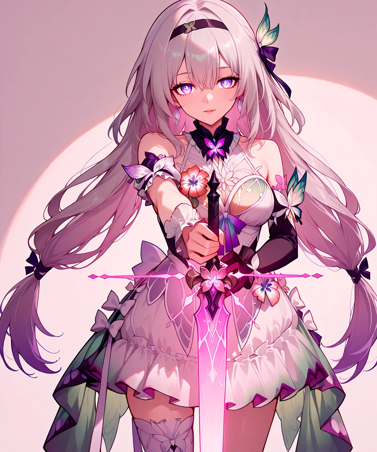 masterpiece, best quality, glowing skin, lighting, pale skin, detail eyes, perfect eyes, Retina,
1girl,
solo,
long hair,
,
the eyes narrowed as if lazy to open them,
eyes staring sideway to viewer sarcastically full of disappointment,
character's form is highlighted from a distance but still detailed,
bangs,
Purple eyes,
single sleeves
 shoulders,
medium ,
(Standing:1.5),
very long hair, silver hair,
sleeveless,
Death garden,
lips slightly gaping evil laugh,  
castorice honkai star rail,
firefly hsr,
pose of a magic sword user,
left arm bent upwards in a magic spell pose,
right arm stretched forward in a defensive pose using the firefly hsr sword tilted upwards,
Hair Ornament, 