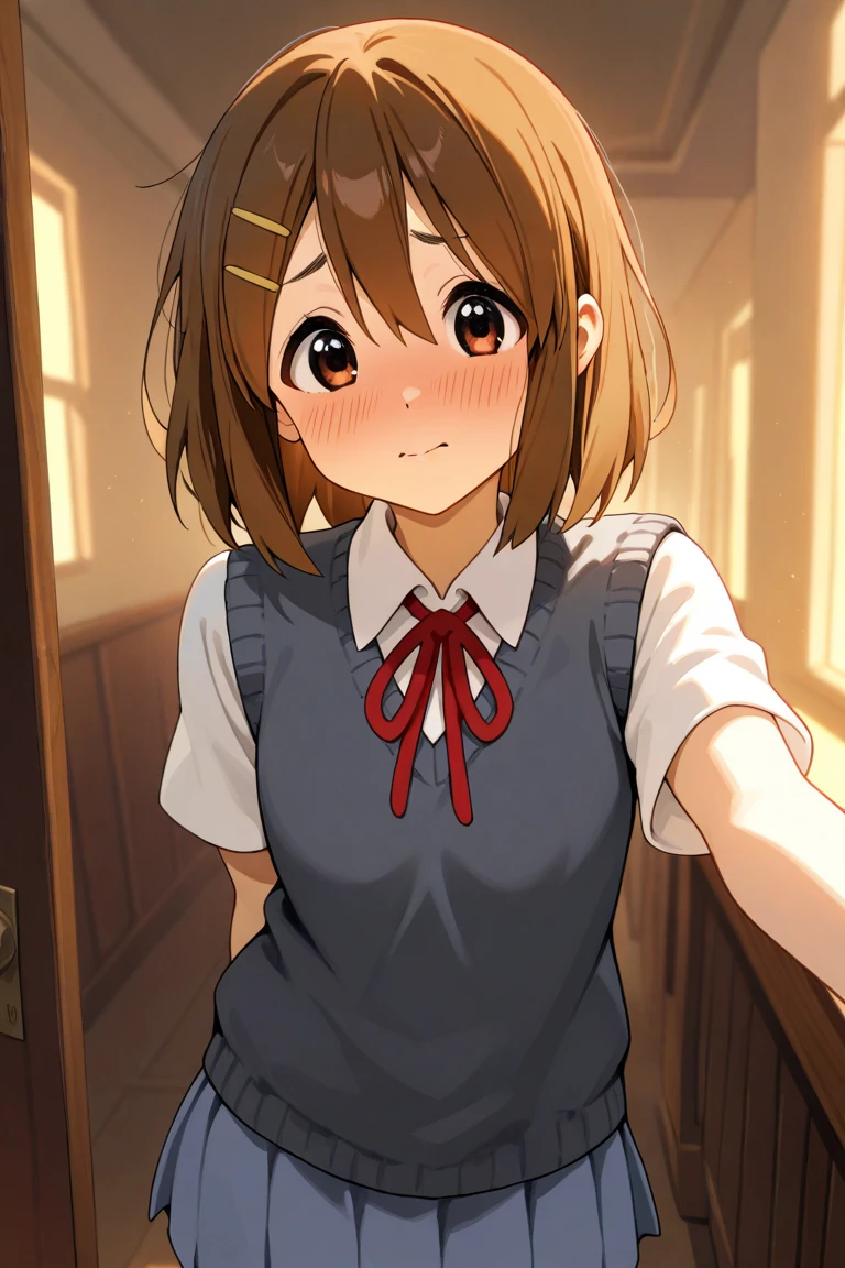 1girl, (((masterpiece))), top-quality, top-quality, High Details, Hirasawa Yui, 1girl, two yellow hairpin, short hair, A brown-haired, brown-eyed, 独奏, maid cafe clothes, bikini, maid cafe uniform, full body, full image, rainy weather, illustratio, comic strip, soothing tones, Subdued Color, Soft cinematic light, adobe lightroom, photolab, HDR, intricately and hyper-detailed、(((depth of fields))))。(((masterpiece)))。(((top-quality))).)((ultra-detailliert)))。(((illustratio)))。(((takeout))).dynamic focus.big breasts.(((Skyscrapers))).(((A city scape))).(((Face of happiness))). open mouth.(((put hands on the hip))).(((up chest))).((afternoon glow)).((the setting sun)).