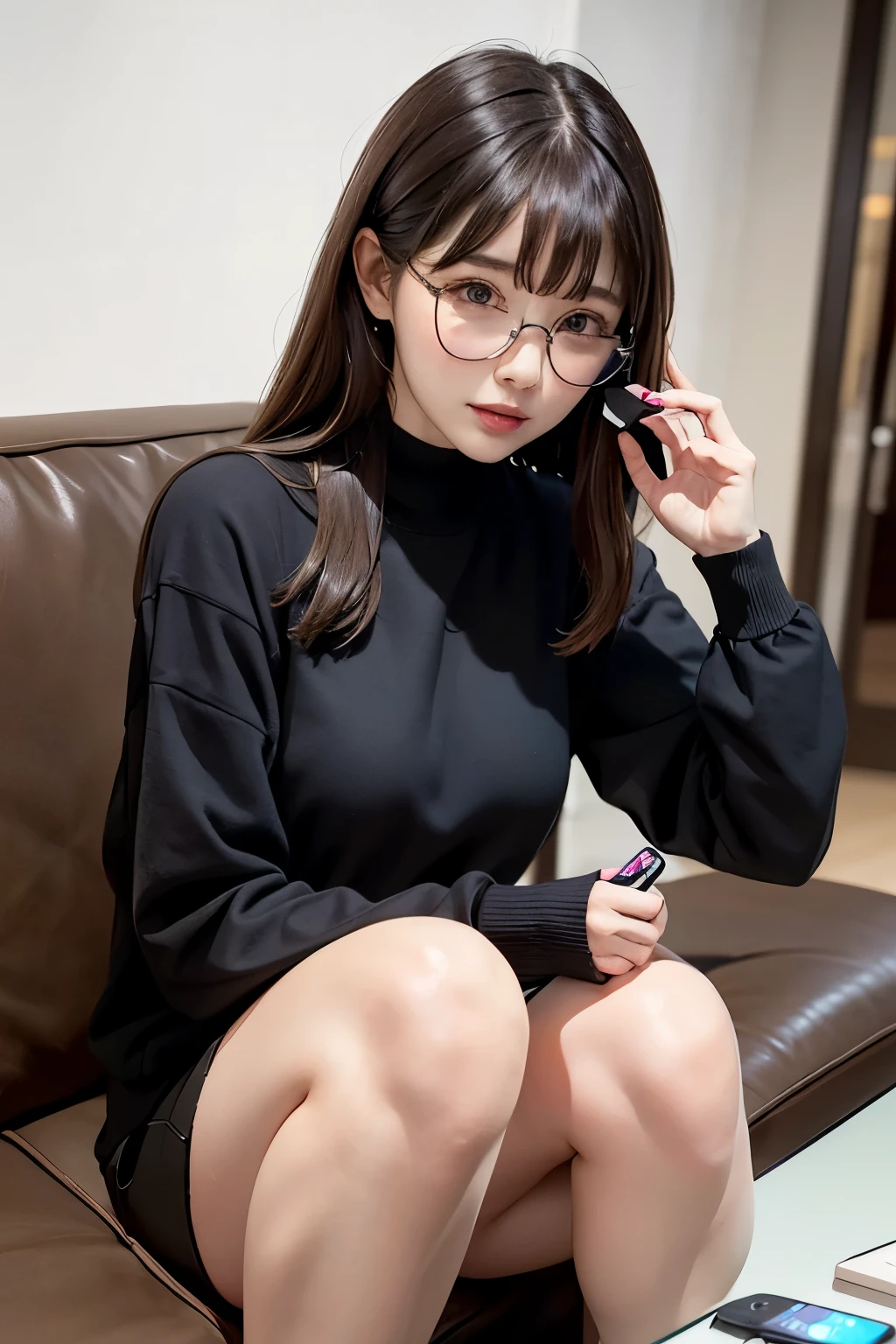 nsfw, Masterpiece, top quality, highly detailed, ((1 woman, A naked woman is excited by masturbating while wearing only sexy panties, An excited and embarrassed face, half-open lips, closed eyes, Raise her chin and face up, Squatting down and spreading her legs apart, touching the genitals between her thighs)), Beautiful mature young round baby face swedish woman, well-shaped small nose, wearing black frame glasses, long pink hair ponytail with bangs,