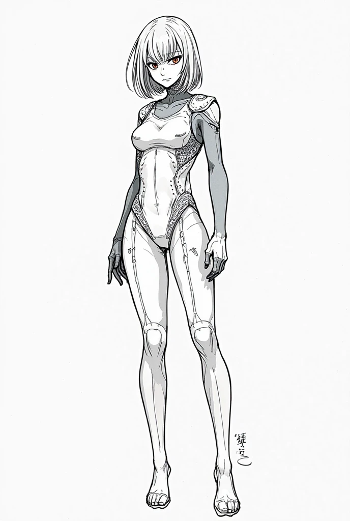 'The image is a digital art piece that appears to be a sketch or illustration of a female figure. The figure is standing in a side profile with her body slightly turned to the side. She is wearing a futuristic-looking outfit with a high-waisted top and thigh-high boots. The outfit is made up of various geometric shapes and lines, creating a grid-like pattern.\n\nThe figure has long blonde hair that is flowing in the wind and is looking directly at the camera with a serious expression on her face. The background is a light beige color with a grungy texture, giving the image a vintage or industrial feel. The word "inspire" is written in a bold, black font at the top of the image. The overall color scheme is mostly black and white, with some hints of blue and gray.