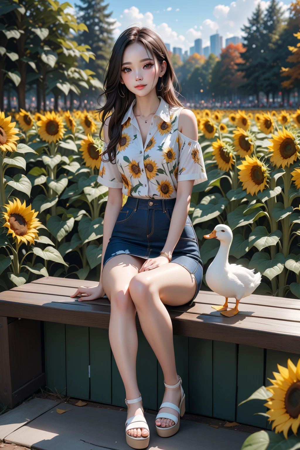 8K, beautiful elementary school girl, 10 year old super beautiful girl、lovely smile, black hair, detailed beautiful face, White camisole, sunflower field, very strong wind, Decolletage, sitting on the buttocks
