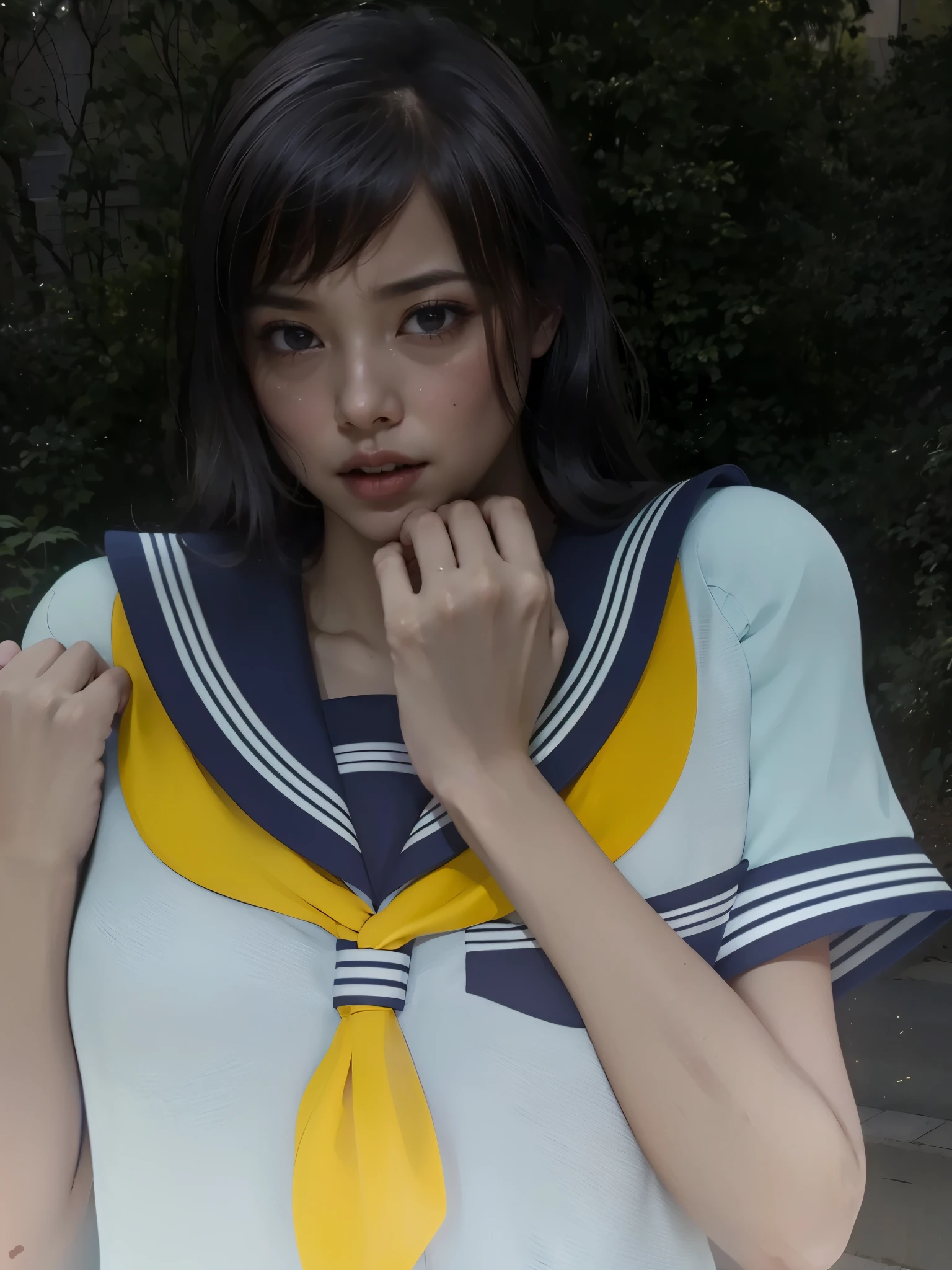 (8K, highest quality, masterpiece:1.2), (realistic, photo-realistic:1.37), Super detailed,highest quality, ultra high resolution, professional lighting, photon mapping, radio city, Physically based rendering, cinematic lighting, midnight road,Depth of written boundary, sharp focus, light, good composition,(beautiful thighs) 1 girl,alone,(whole body), ((high school girl sailor suit、navy knee socks)),fine and beautiful eyes, temporarily stop, tight waist,Japanese high school girl, black hair,messy hair,long hair fluttering in the wind,(Ulzzang-6500:1.2) mix 4,