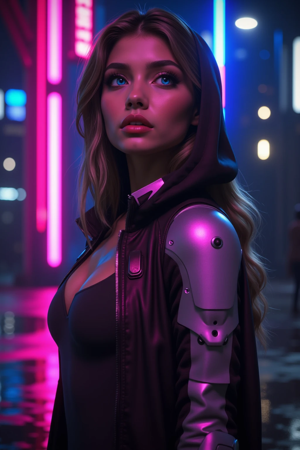 A beautiful European girl, on the roof of cyberpunk building, neon, serious face, wearing purple medieval dress, jewelry, cleavage, full body. She is 24 years old, has Split-Color Hair, blond hair, egyptian_bob_hairstyle and blue eyes. Her cloth is stylish and her overall appearance is stunning. The girl's face is extremely detailed with beautifully detailed lips. Her skin is anatomically correct with realistic textures. The image should have super high details and be of the best quality, with a resolution of 8K. The final result should be a masterpiece, showcasing the girl's beauty and the vibrant atmosphere of The neon cyberpunk city and the night