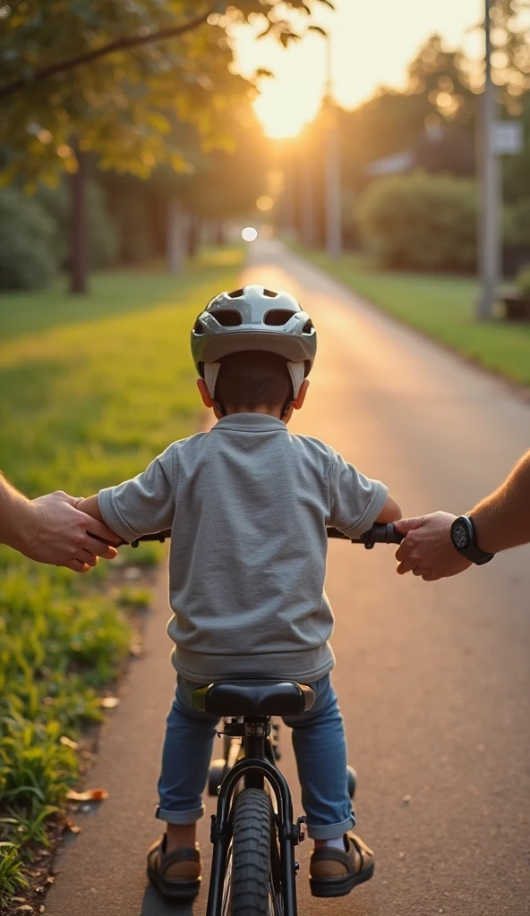 A very small child with scared face is practicing riding a bicycle wearing a helmet and protector, the father is supporting the child's bicycle from behind with a gentle smile so it doesn't fall over, soft spring sunshine, spring flowers, butterflies flying, a peaceful park, a beautiful fountain in the distance, this is about the days of fond memories, view from side, long shot, beautiful scene of the awarded movie