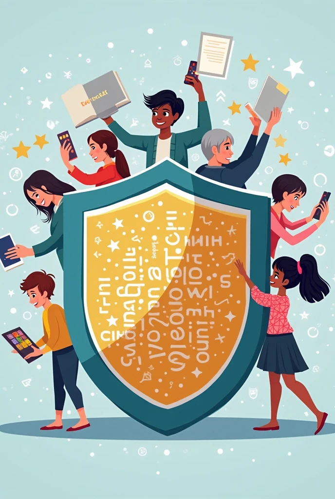 I need a shield that is my personal brand. The shield should contain some element that is used in school such as notebooks or books. It must also contain a globe. In addition to that, it must contain a family and a snow cone. Subtly incorporate the color pink. Try to make sure all the elements are inside the shield.