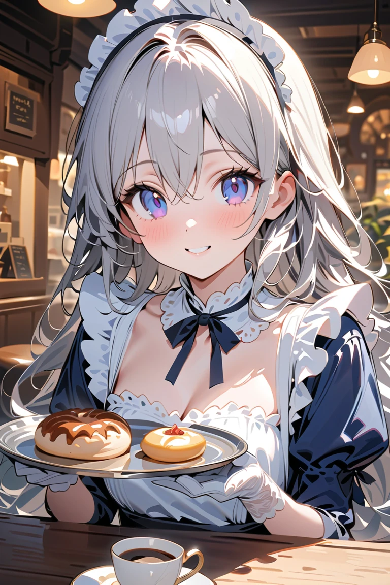 masterpiece,best quality,highres,ultra-detailed,aakari,blue eyes,long hair,ahoge,bangs,twin braids,hair ornament,clerk,casino,holding tray,embarrassed,blush,sitting,