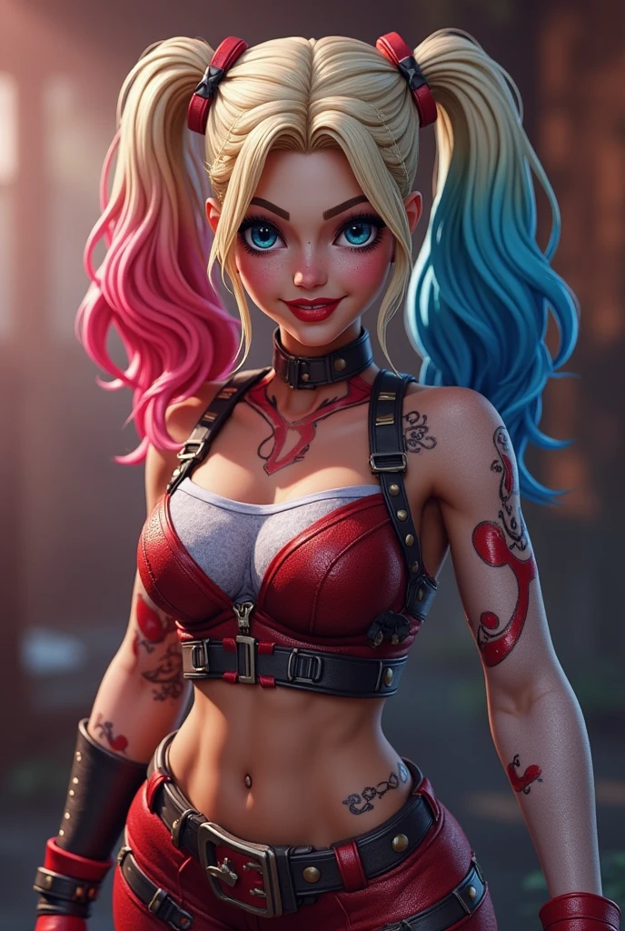 (obra de arte, melhor qualidade:1.2),  Harley Quinn (cidade de Arkham do Batman), 1 garota, Sozinho, cabelo loiro, twintails, fingerless luvas, luvas, seios, inventar, multicolocabelo vermelho, umbigo, esmalte, decote, cinto, tatuagem, barriga, olhos azuis, lipstick, gargantilha, medium seios, sombra, cabelo vermelho, pants, Coxas, corte superior, colarinho, lips, unhas pretas, spikes, Cabelo gradiente, elbow luvas, unhas vermelhas, cabelo azul, Cabelo longo, mascara, roupas multicoloridas, red lips, sorridente, Galeria de Arte, pinturas, exhibition, culto seios grandes 