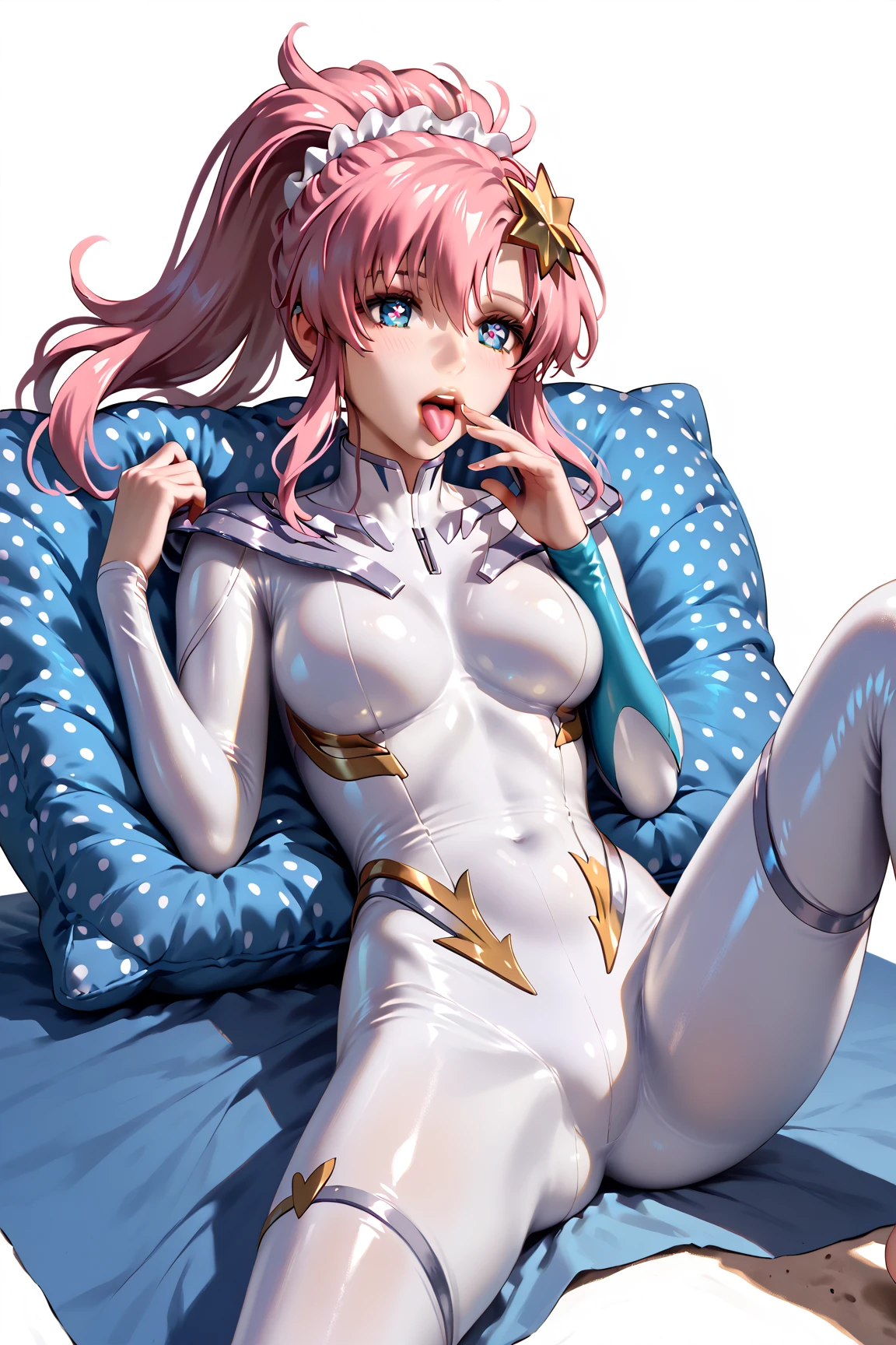 <lora:bb-style:0.25>, anime_still, intricate details, vibrant image, colorful, volumentric lighting, realistic, mature female, full body, <lora:meer_cambell_v11:0.6>, meer campbell, pink hair, long hair, star hair ornament, large breasts, blue eyes, gloves, purple leotard, white leotard, (white high heels:1.2), (skirt:-1.5), , <lora:vintage:0.75> vintage drawing of a woman, cat-eye glasses, solo, 1girl,