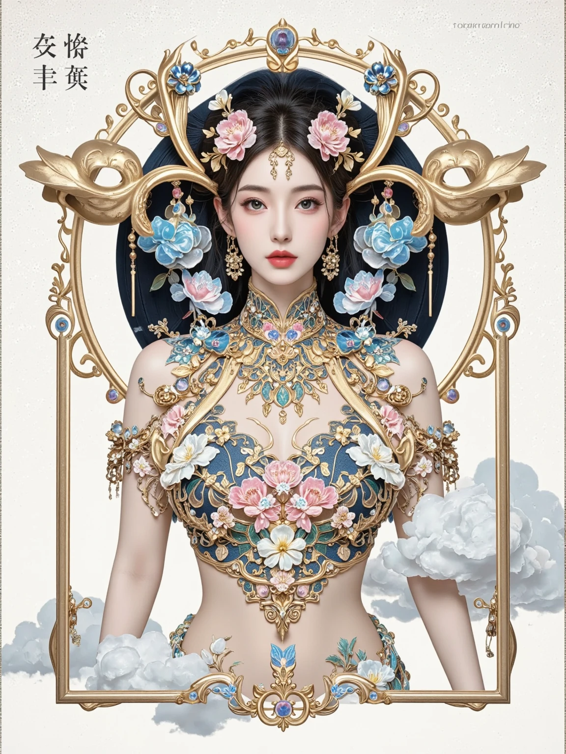 (best quality,highres,realistic:1.2),1girl,beautiful detailed eyes,beautiful detailed lips,extremely detailed eyes and face,long eyelashes,pearl earrings,illustration,soft lighting,vivid colors,subtle blush,delicate features,porcelain skin,flowing dark hair,gentle smile,enchanted garden background,soft breeze,ethereal atmosphere