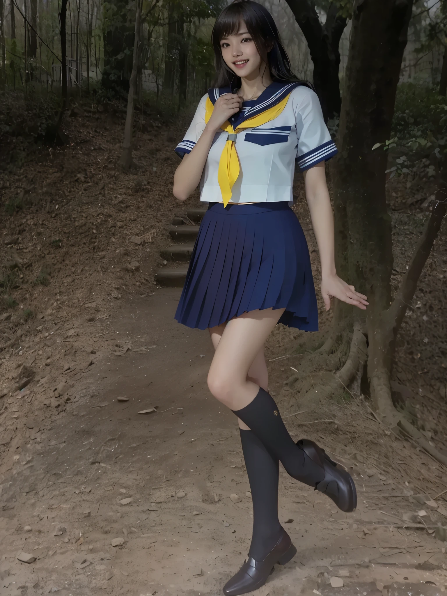（8k、Raw photography、highest quality、masterpiece：1.2),(Black Hair、Dark Eyes:1.9),(:1.6)、View your viewers,Viewed from the front,White skin,(High Ponytail:1.3)、(Tight waist:1.6)、(Clothes that accentuate the shape of the breasts:1.0)、(Big Breasts :1.3)、Slim figure、Ultra-high resolution,beautiful,beautiful fece,(one person、No background:1.9),whole bodyボディー,Japanese women,（reality的：1.37）、Photon Mapping,reality、(Baby-faced and cute: 1.4)、(Cute Smile: 1.8)、(Round face: 1.8)、Radio City、Physically Based Rendering、Depth of field rally background、photograph, (I can see your knees、Thigh close-up:1.8),（:1.6）,whole body、Great quality
