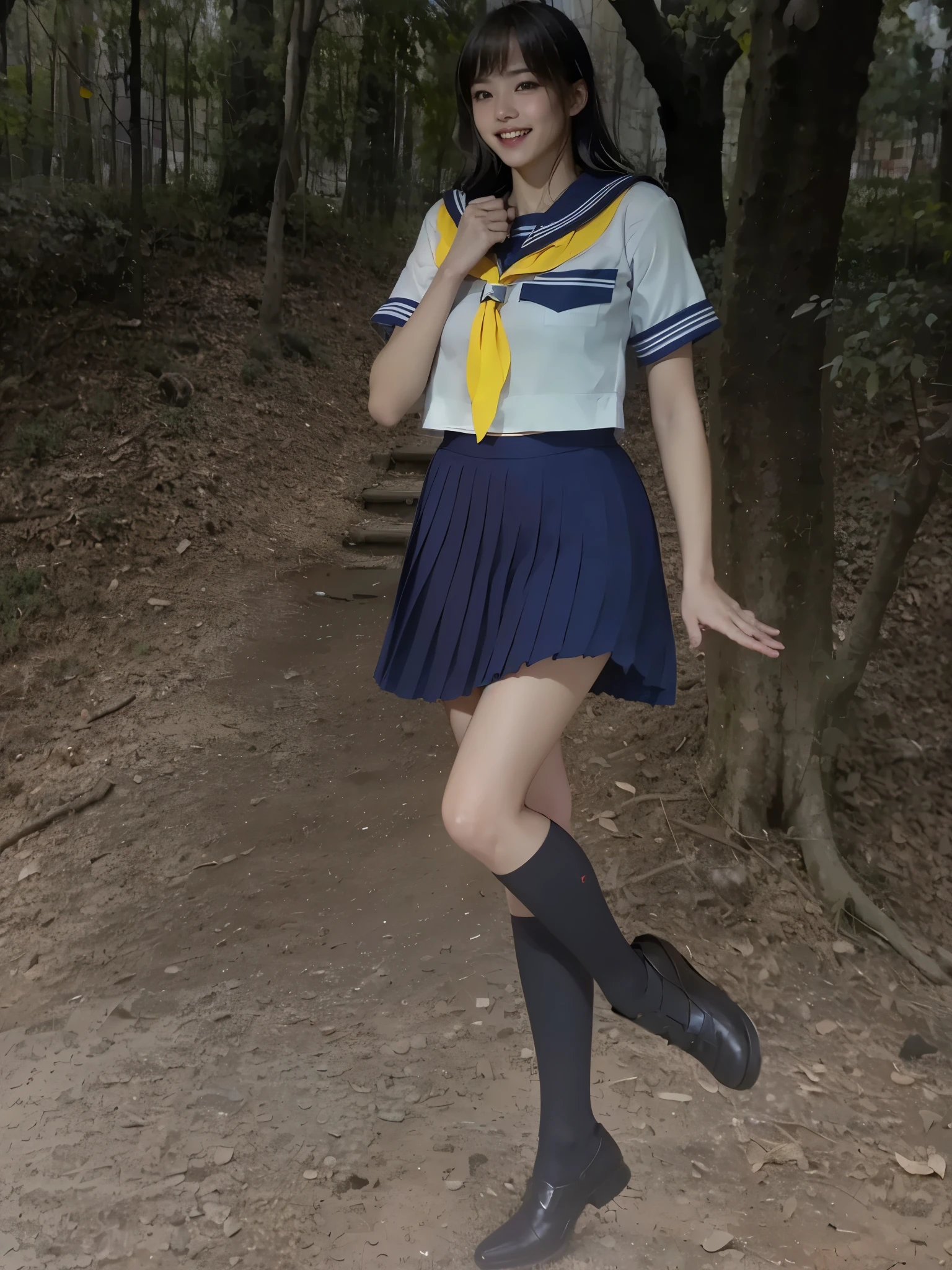 Masterpiece、high resolution、Japanese girl、Walking in the park、Mini skirt dress、Over the knee socks、A dynamic pose、((Low - Angle))