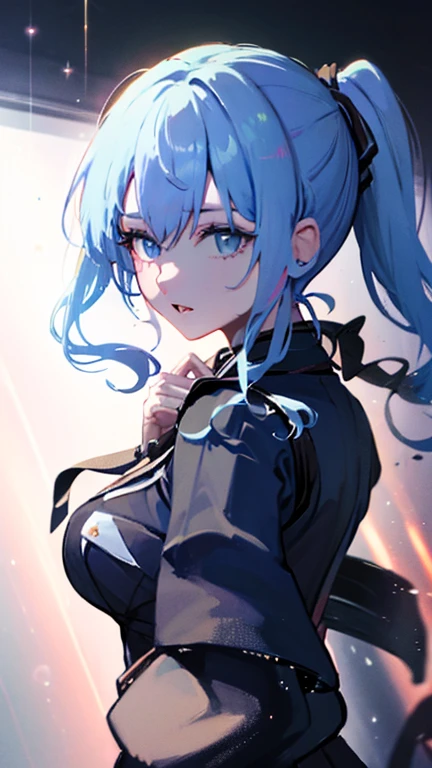 ,chest, smile, blue eyes, High resolution, Textured skin, Deep sea blue hair,, Big Ahoge, Thready hairstyle/hair,, 鋭いblue eyes,anime, anime風, Black police uniform，Long Hair, Police Station Multiple Ahoge, 