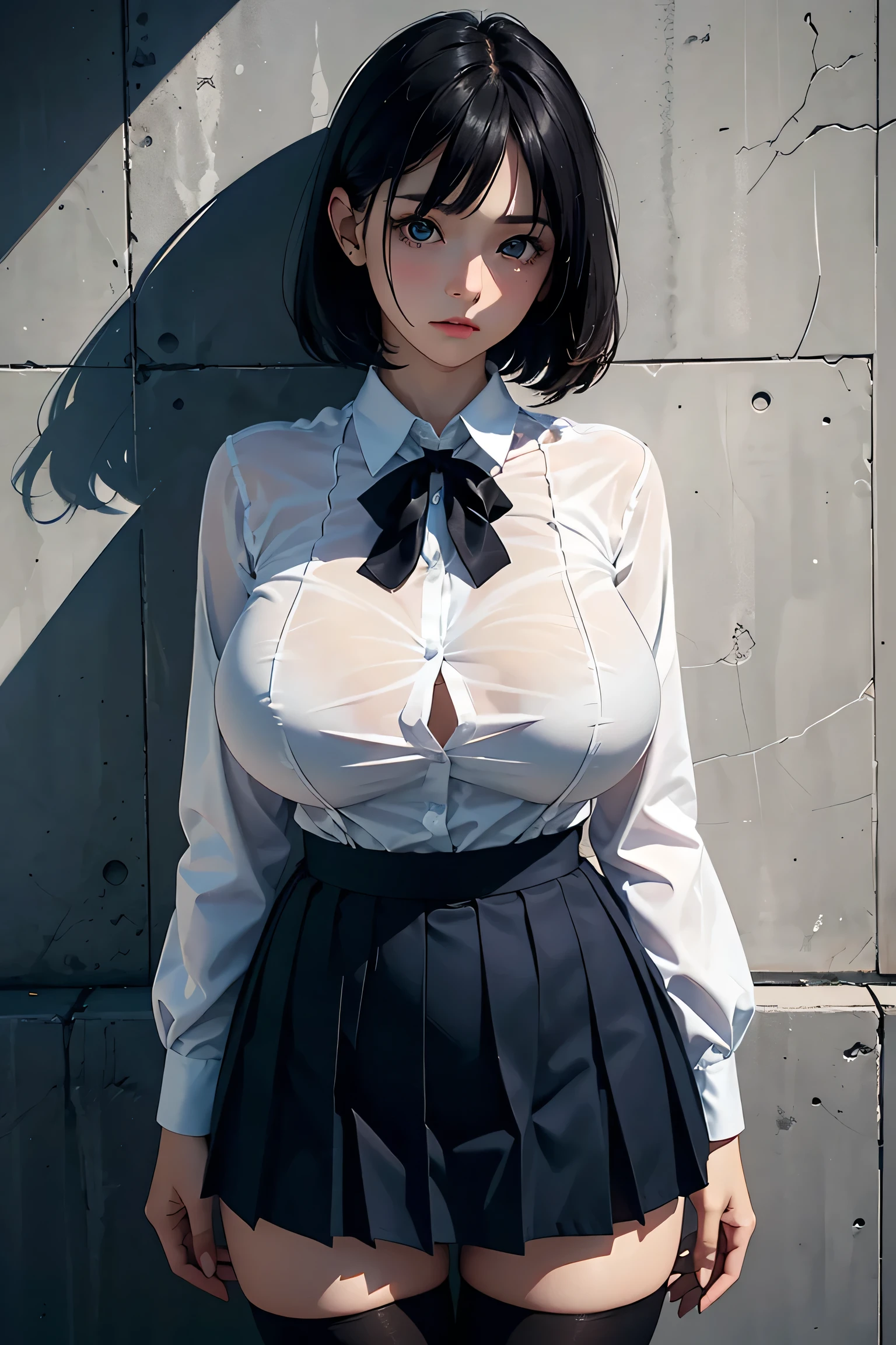 20 year old woman、(masterpiece:1.4)、(highest quality:1.4)、ultra high resolution、A little anime style、beautiful features、black short bob、collared shirt、necklace、Tight Skirt、black tights、(huge breasts:1.2)、red face、a shy look、Stand against the wall、Arms behind the body