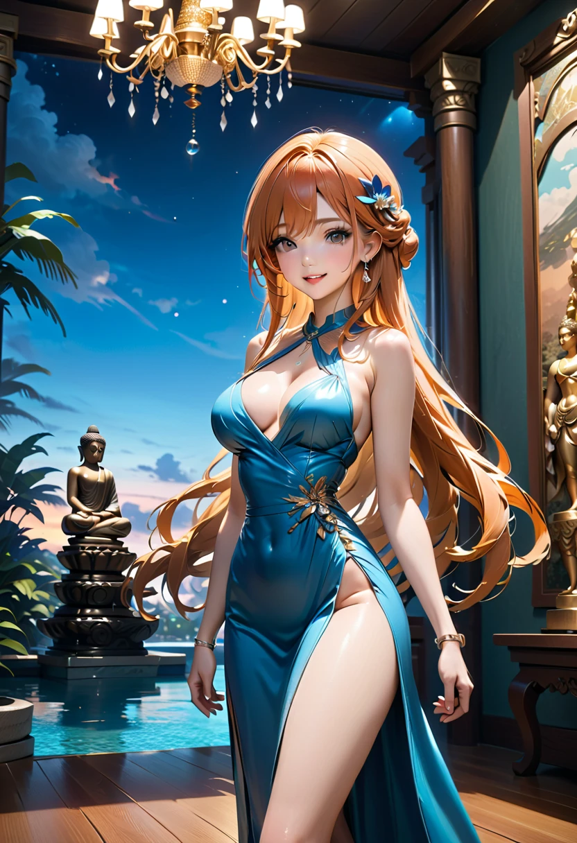 Nami, from one piece, (wearing a green transparent cloth cheongsam, cheongsam chest opening, the highest fabric material, fabric 8k performance, physics engine computing presentation):: 1.96. (high quality, detailed CG art), (beautiful illumination and shadow, floating effect) (1 person) (hair shine, grown hair: 1.2 + orange hair: 1.6), when the skin between the chest and lower abdomen is moist, dripping water droplets and sweat slide down together, sexy and gorgeous, still photos convey dynamic effects. (extremely detailed, finely crafted, highest image quality, strong specular reflection in the bikini, clear latex texture) The woman is beautiful, extremely sexy, beautiful and moving, full of allure, and the transparent texture of the leggings is just right, which is eye-catching. ((NSFW,low saturation)) ((oily skin)),((droplets of water on the skin)),((erotic)):1.6。 Body moist and shiny, body moist and shiny, body moist and shiny, bigger breasts, bigger ass. ((masterpiece)), best quality, ultra-detailed, highly realistic, wet all over, bathed in rain, every bead of sweat is clearly visible. (Masterpiece:1.6), (best quality:1.5), ultra highres,1girl, extremely detailed,8k, beautiful, detailed eyes, looking at viewer, strong dark colors, (depth of field), (dynamic), (epic), Sharp focus, (intricate details: 1.86), full color, nano \ (one piece), bangs, bare shoulders, belt, gold striped transparent heart nipple sticker, blue sky, bracelet, breasts, (orange eyes: 1.72), bubbles, cleavage, clouds, day, earrings, flowing hair, blue transparent heart nipple patch, groin, pronounced vest line, jewelry, big breasts, log pose, long hair, navel, orange hair, transparent latex pants, shoulder tattoo, collarbone pronounced, sky, smile, single, standing, abdomen lewd lines, Upper body only breast patches, tattoos, pirate ships, (one piece), (strong: 1.4), (full body)), body moist and shiny,